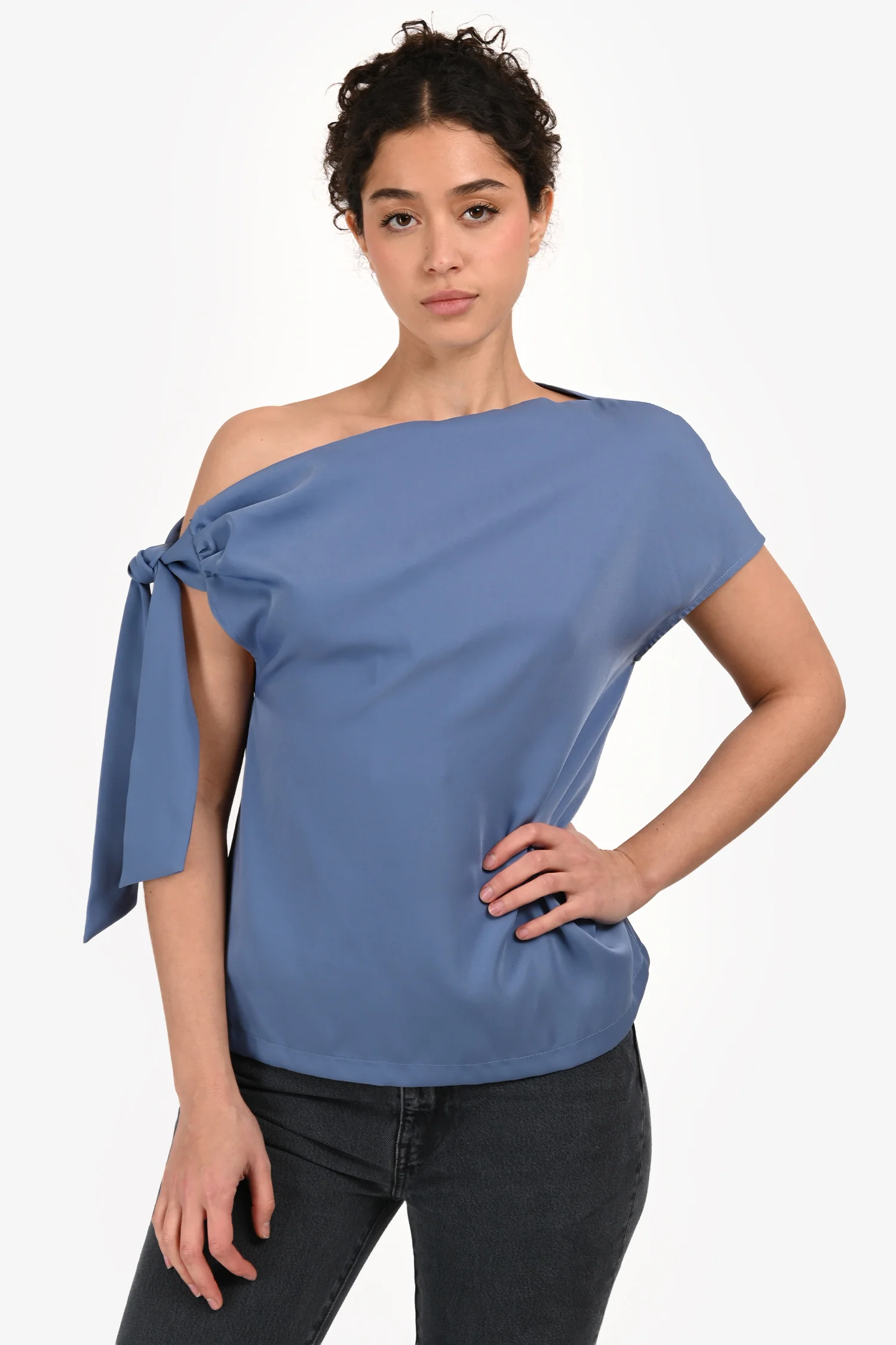 Mossman Blue Satin 'Drop Off' Cold Shoulder Tie Top Size S