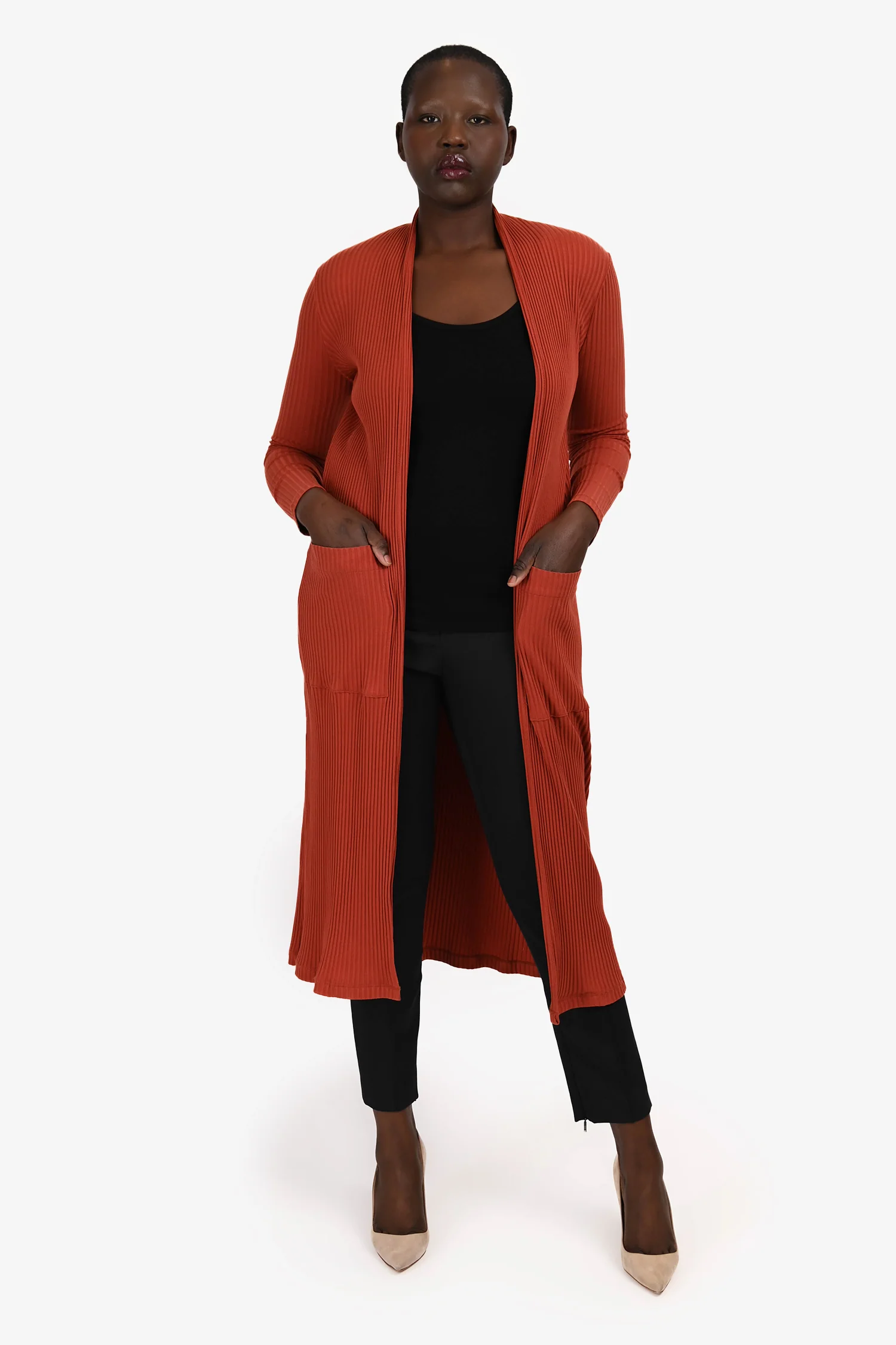 Maje Burnt Orange Cotton Ribbed Long Sleeve Long Cardigan Size 1