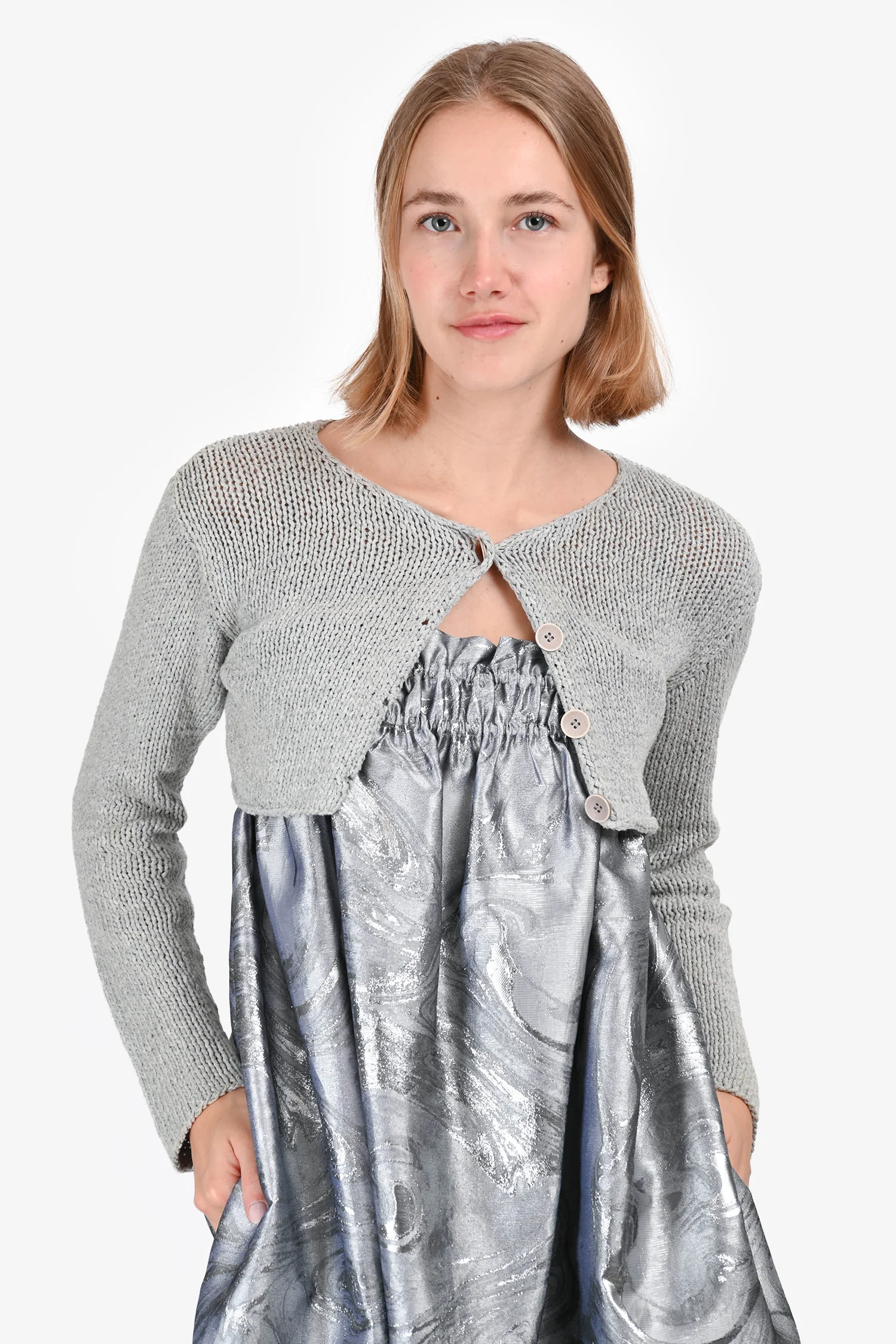 MM6 Maison Martin Margiela Light Grey Cotton Knit Crop Jacket Size M