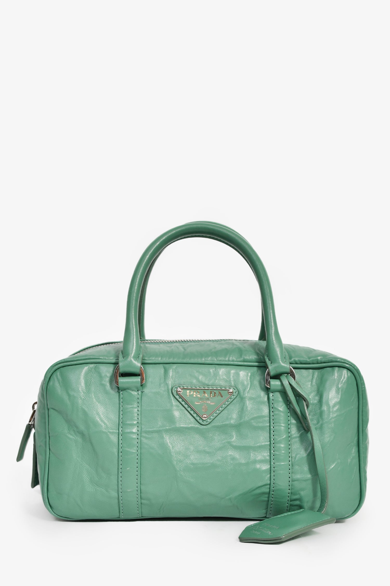Prada Green Antique Nappa Leather Triangle Logo Top Handle