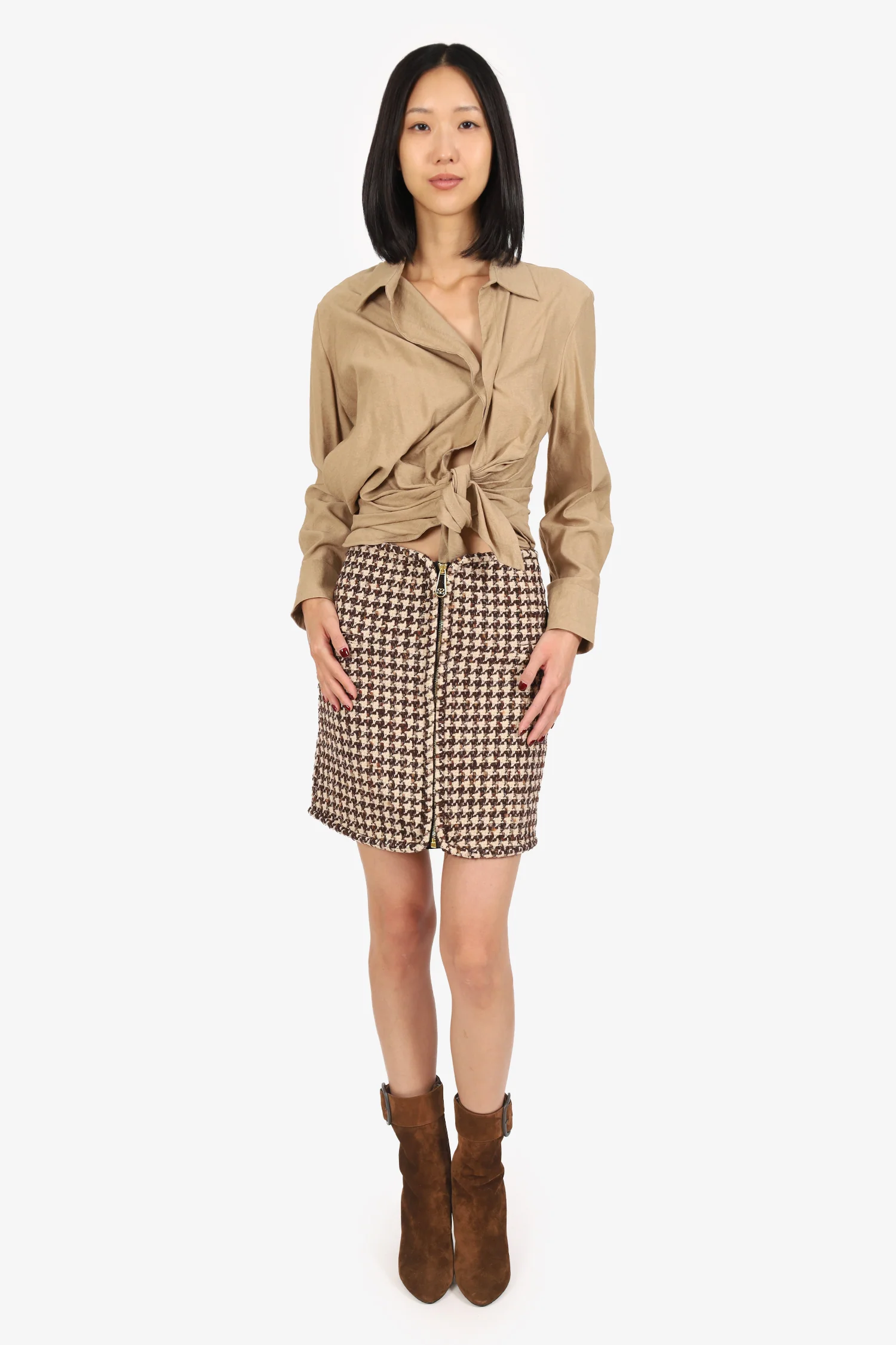 Sandro Brown Tweed Zip-up Midi Skirt Size 2