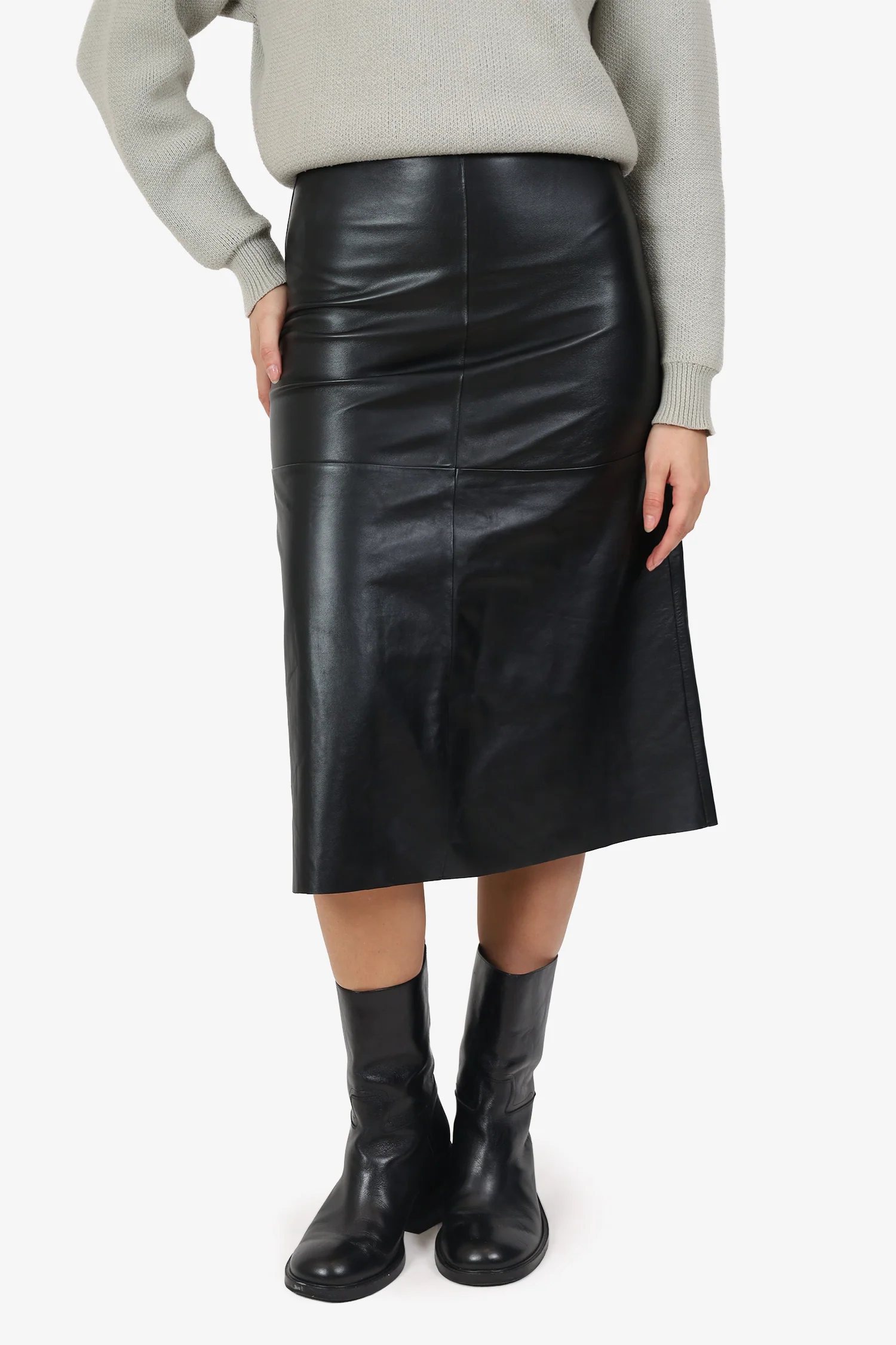 'S Max Mara Black Leather Midi Skirt Size 4