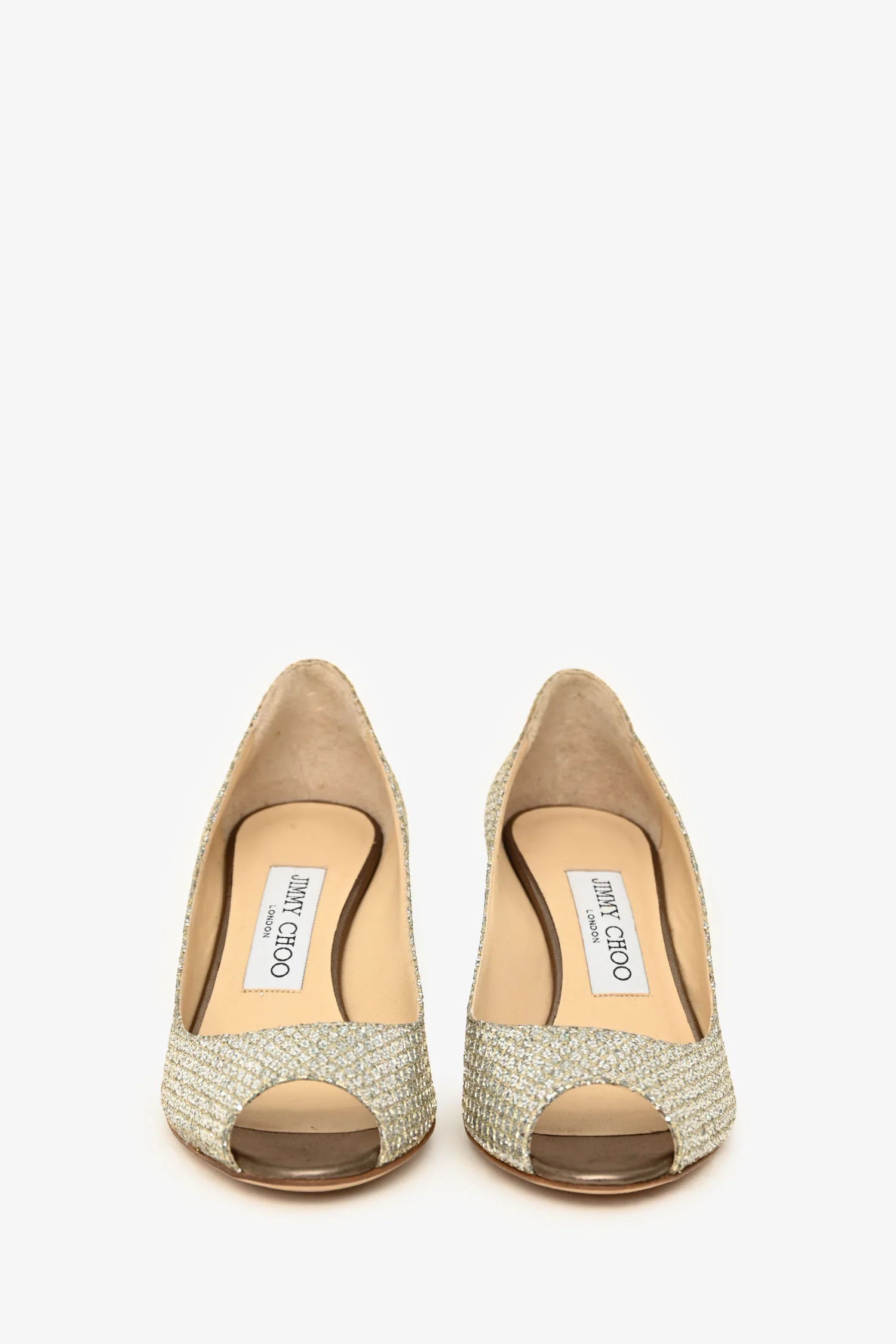 Jimmy Choo Silver Metallic Peep Toe Heels Size 34.5