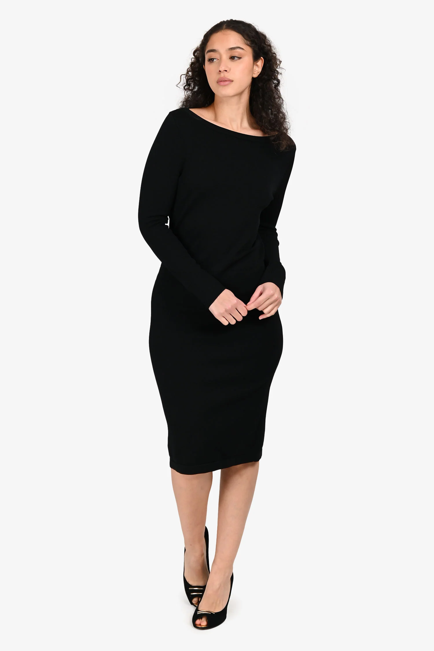 St. John Black Ribbed Long Sleeve Midi Dress Size S