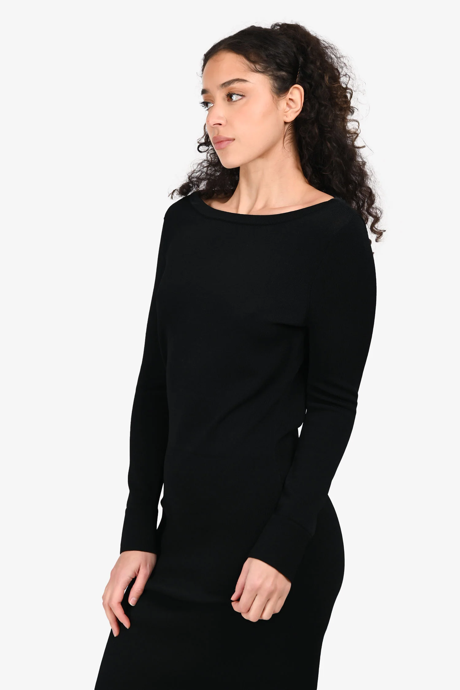 St. John Black Ribbed Long Sleeve Midi Dress Size S