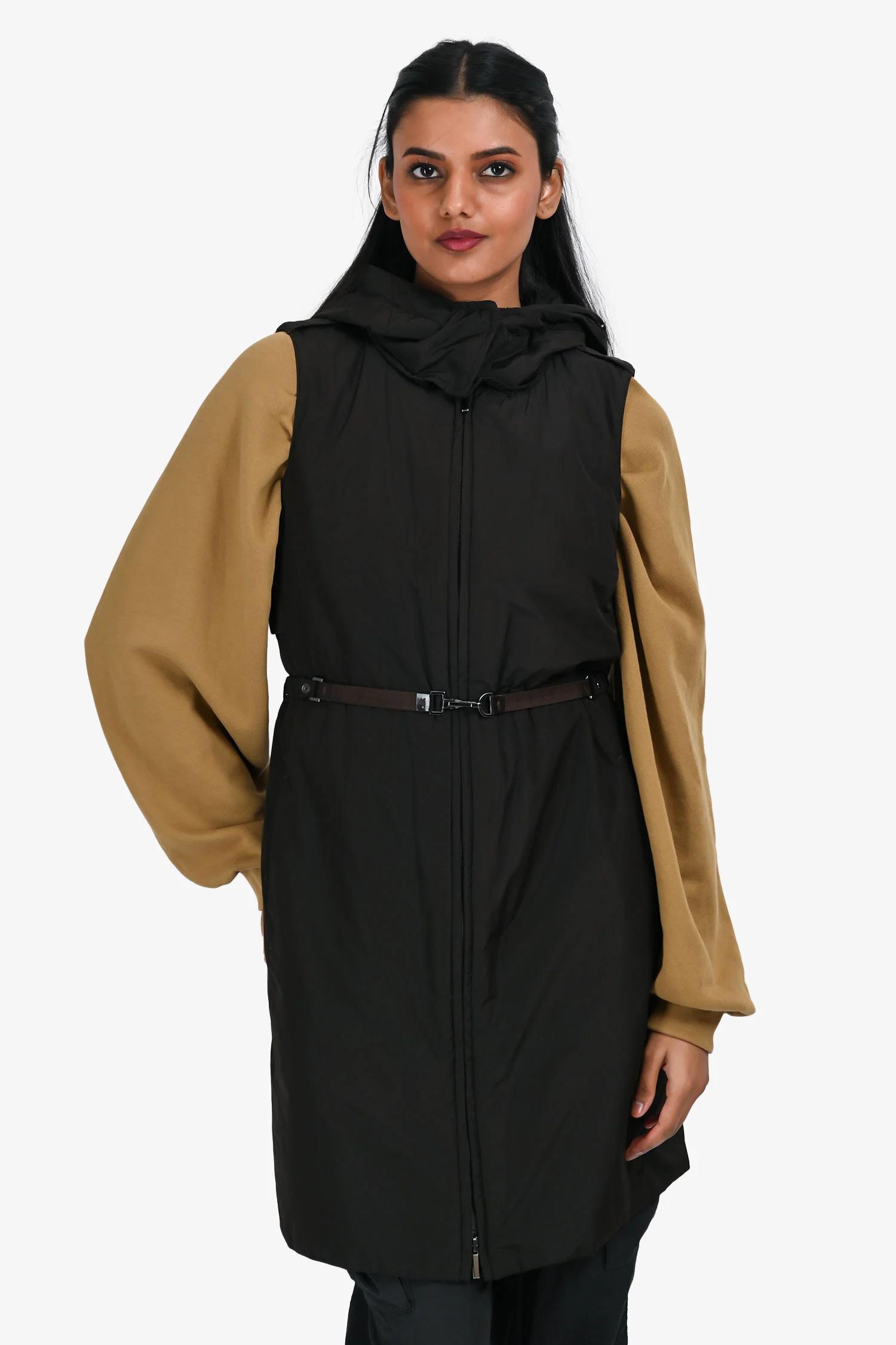 'S Max Mara Black Nylon Belted Midi Vest With Detachable Hood Size 6