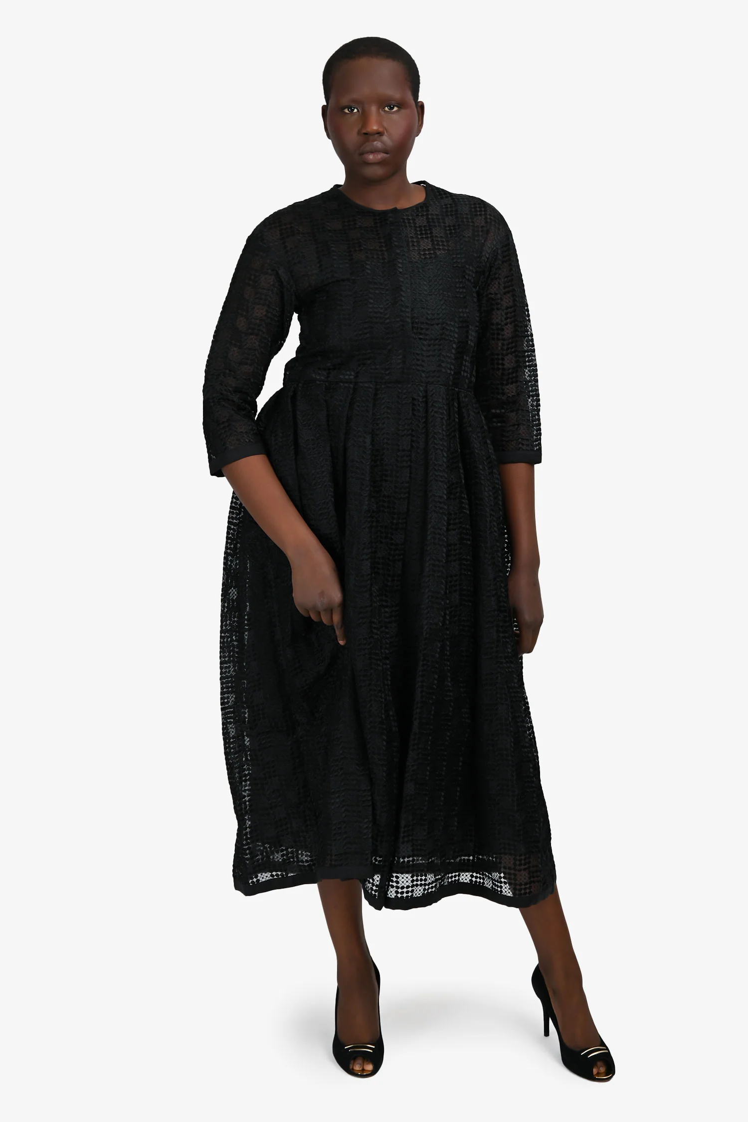 'S Max Mara Black Crochet Button Down 3/4 Sleeve Midi Dress with Slip Size 6