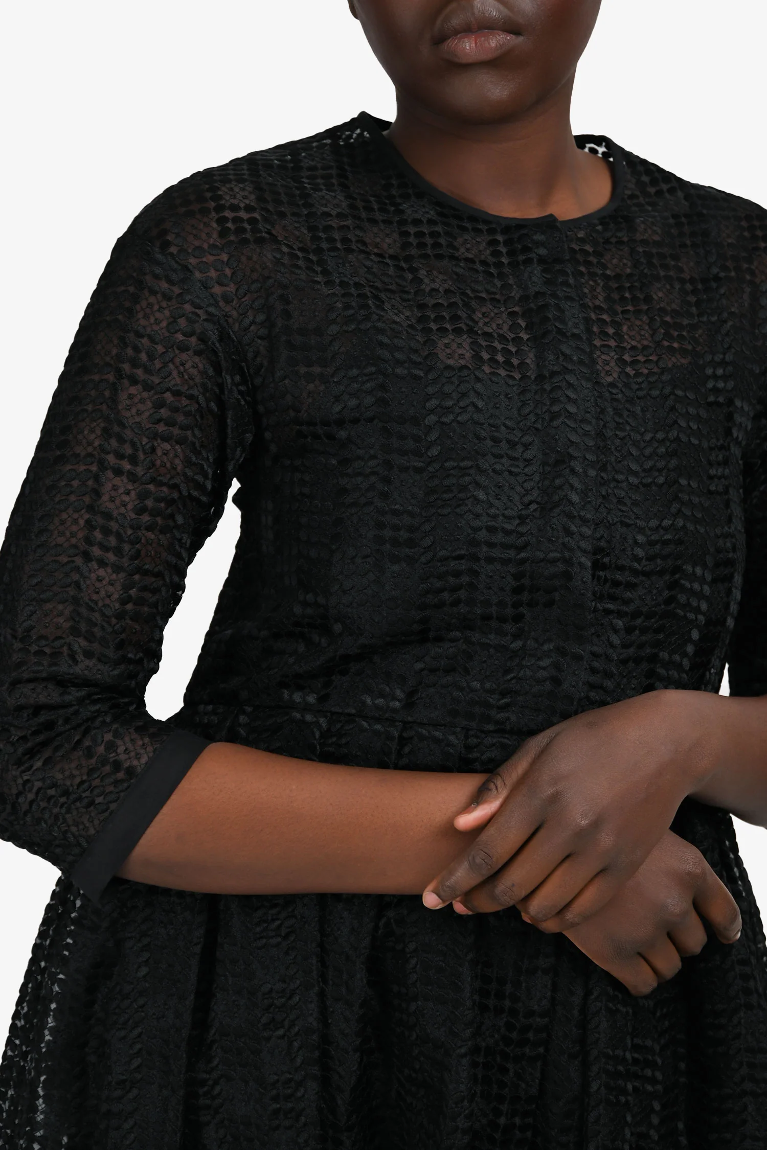 'S Max Mara Black Crochet Button Down 3/4 Sleeve Midi Dress with Slip Size 6