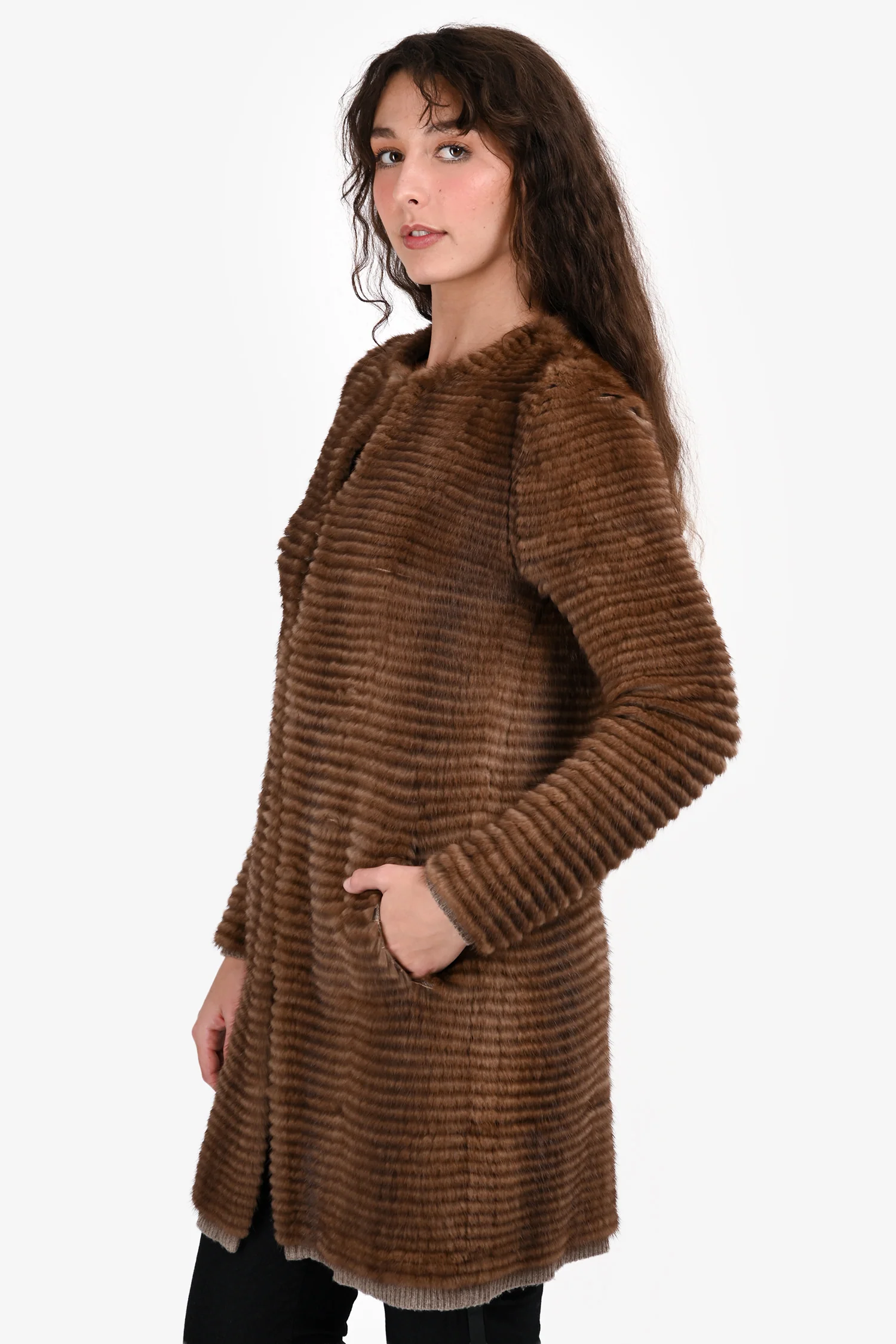 'S Max Mara Brown Mink Wool Lined Midi Jacket Size 8 US