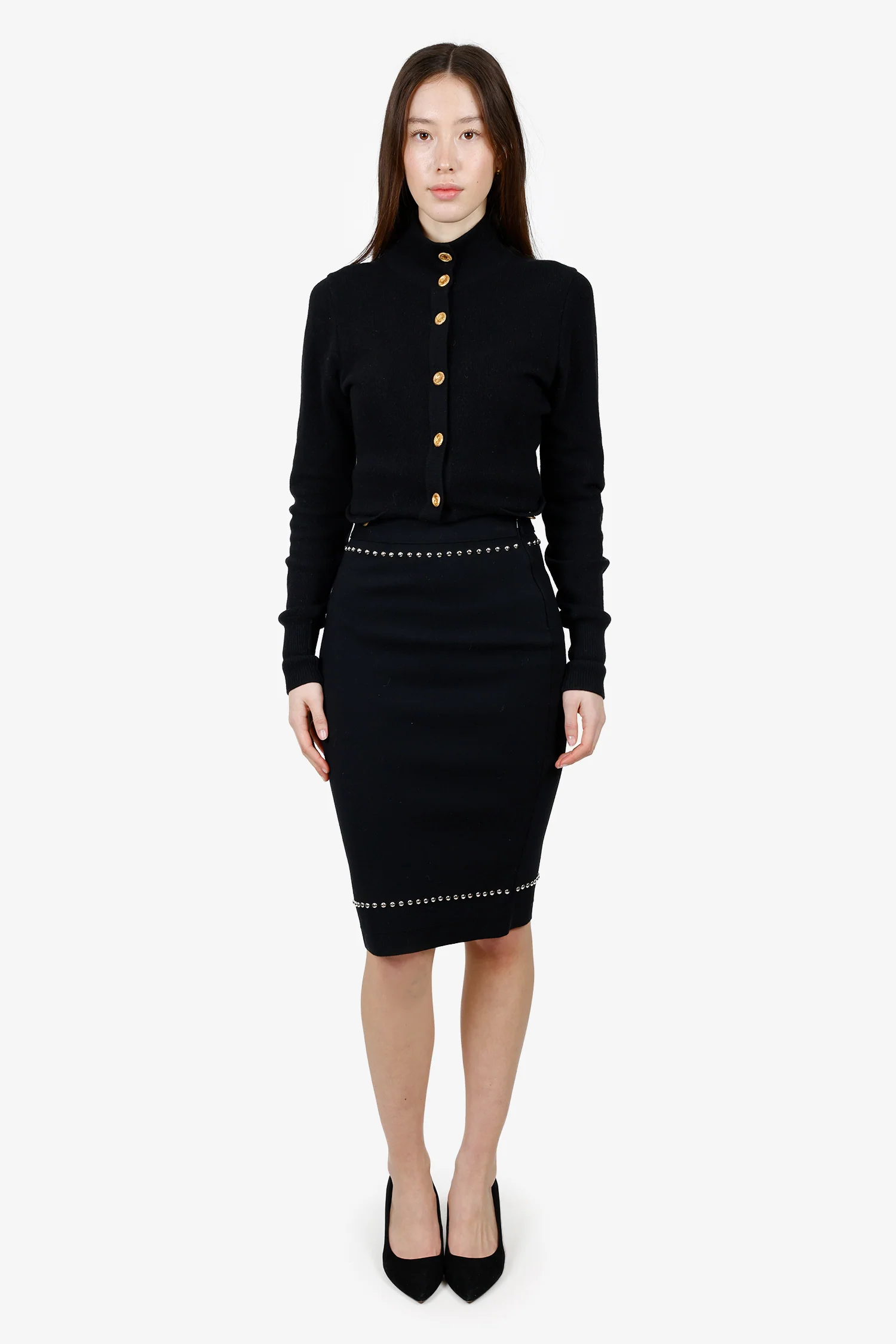 Givenchy Black Wool Silver Stud Pencil Skirt Size XS