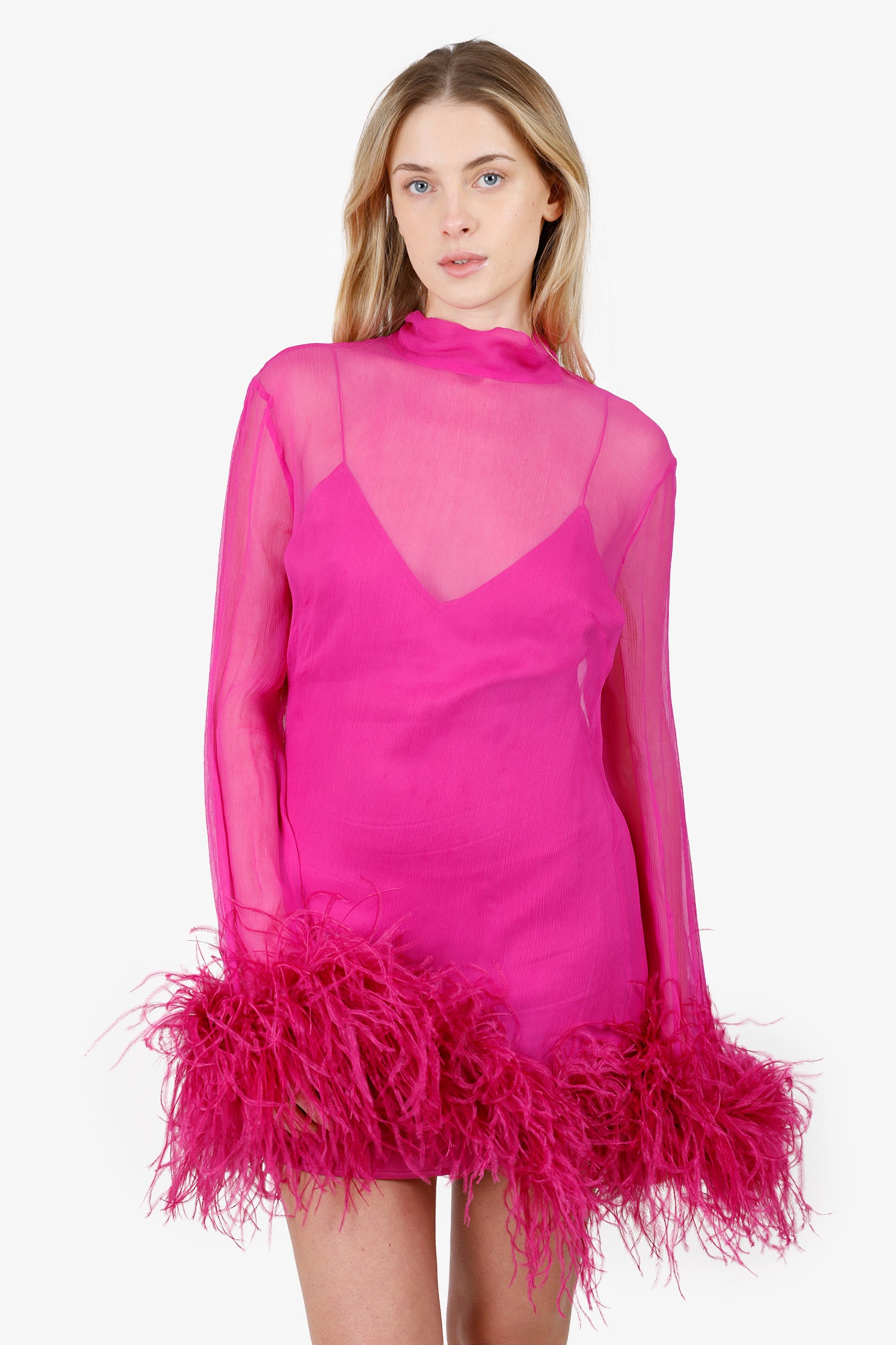 Taller Marmo Pink Sheer Feather Trimmed Long Sleeve Mini Dress With Slip Size 42