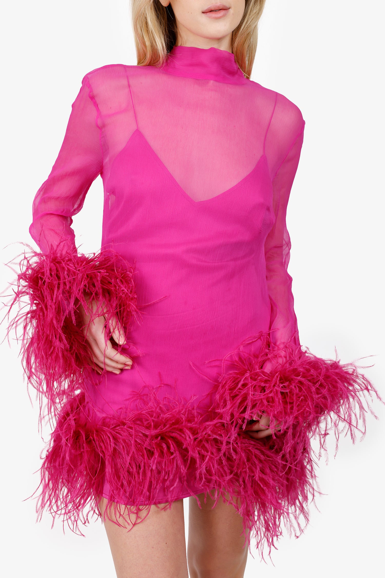 Taller Marmo Pink Sheer Feather Trimmed Long Sleeve Mini Dress With Slip Size 42