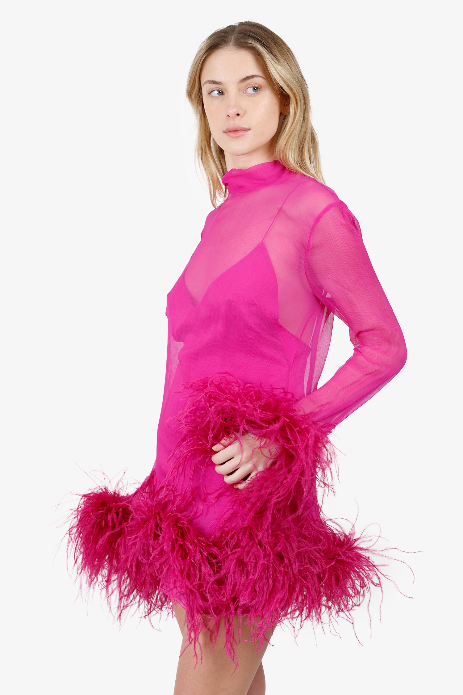 Taller Marmo Pink Sheer Feather Trimmed Long Sleeve Mini Dress With Slip Size 42