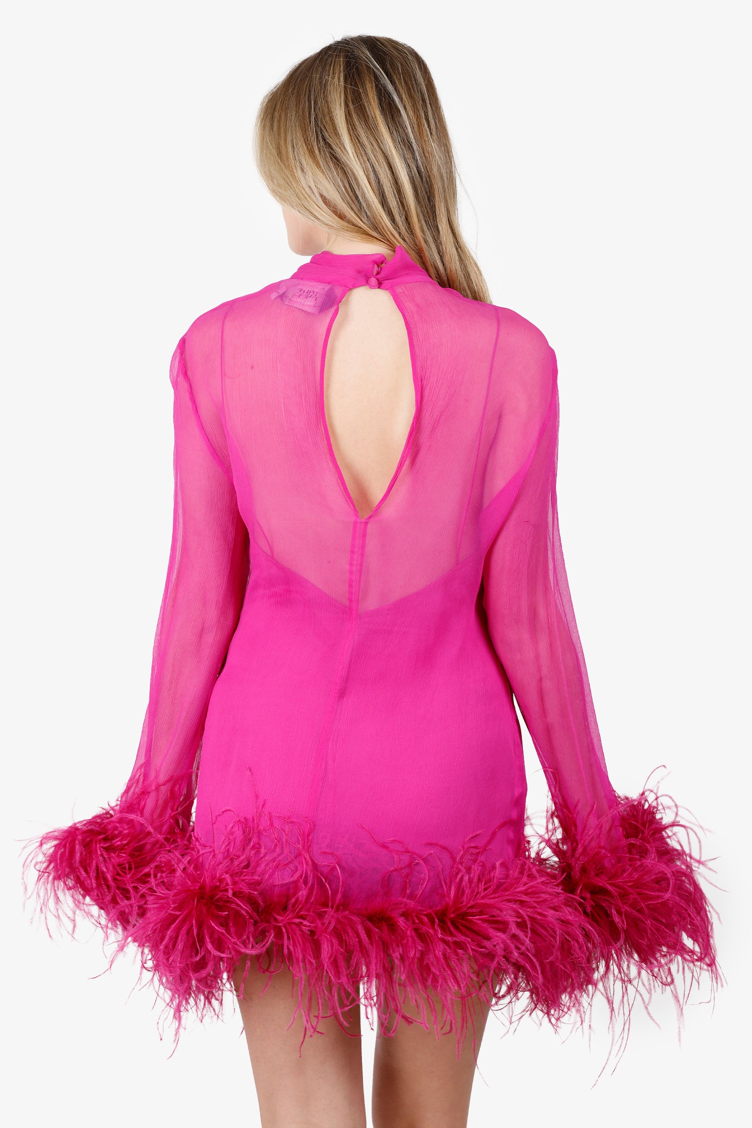 Taller Marmo Pink Sheer Feather Trimmed Long Sleeve Mini Dress With Slip Size 42
