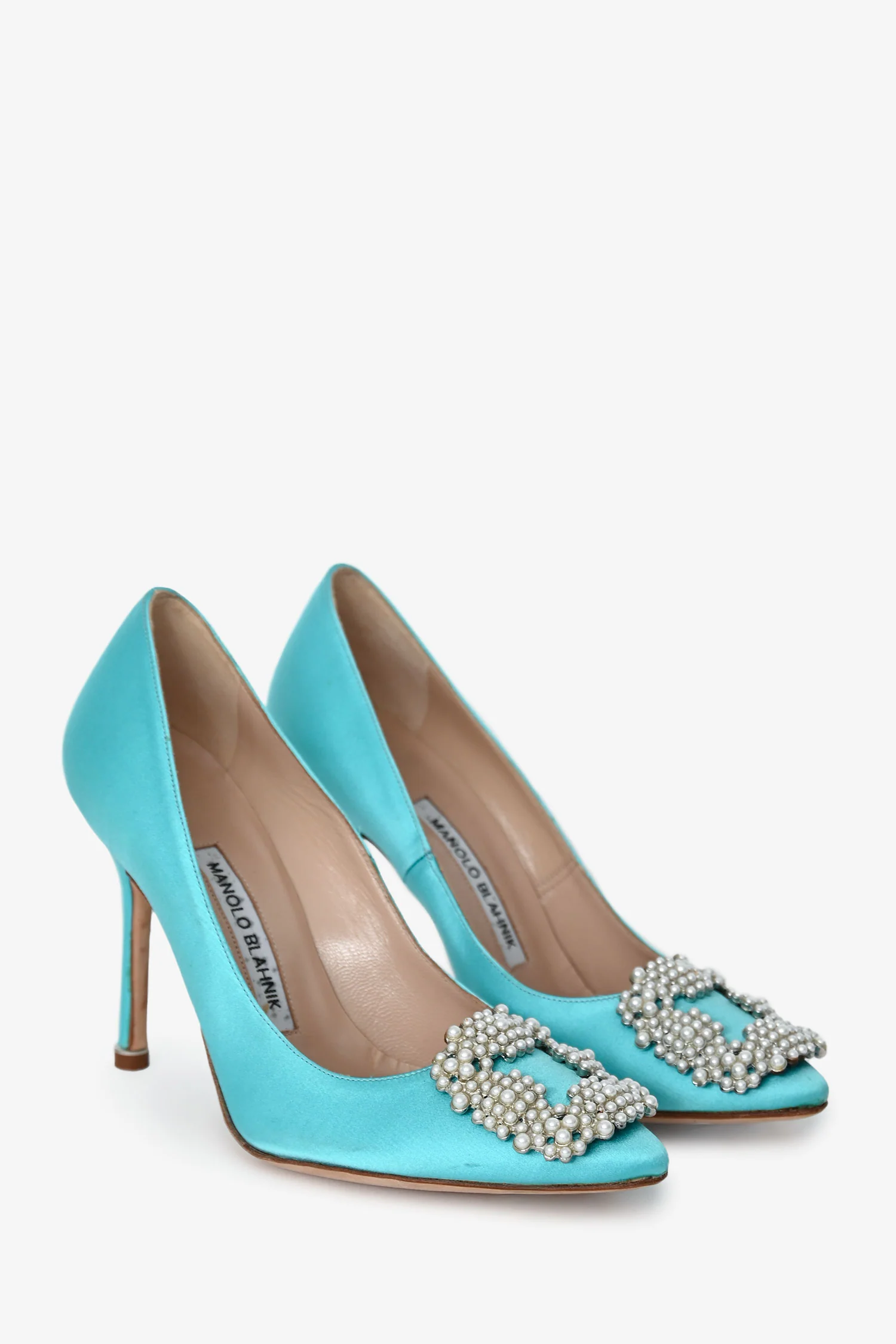 Manolo Blahnik Blue Satin Faux Pearl Hangisi Heels Size 35.5