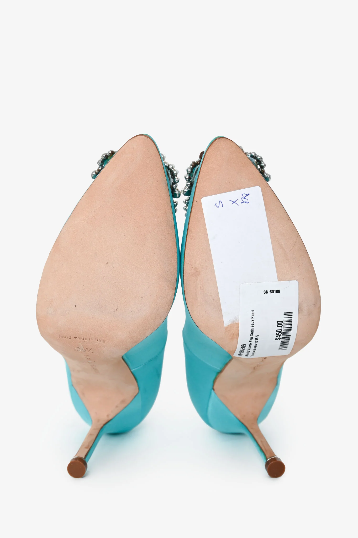 Manolo Blahnik Blue Satin Faux Pearl Hangisi Heels Size 35.5