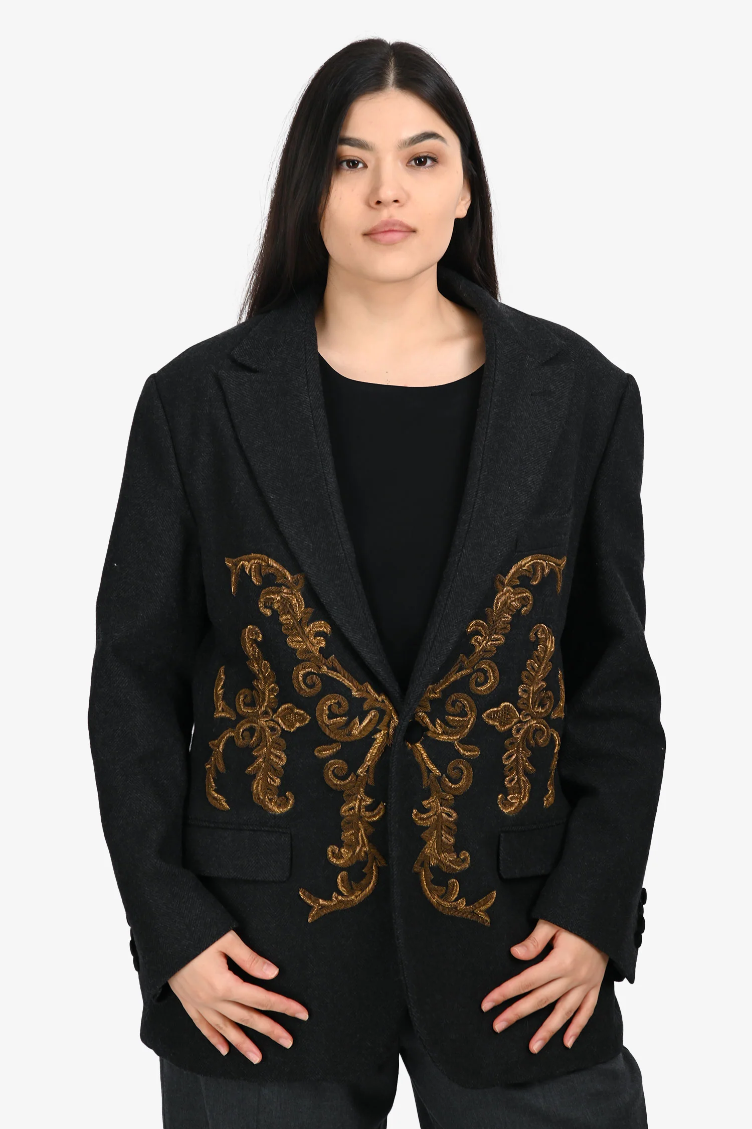 Dolce & Gabbana Grey Wool Gold Embellished Single Breasted Blazer Size 50