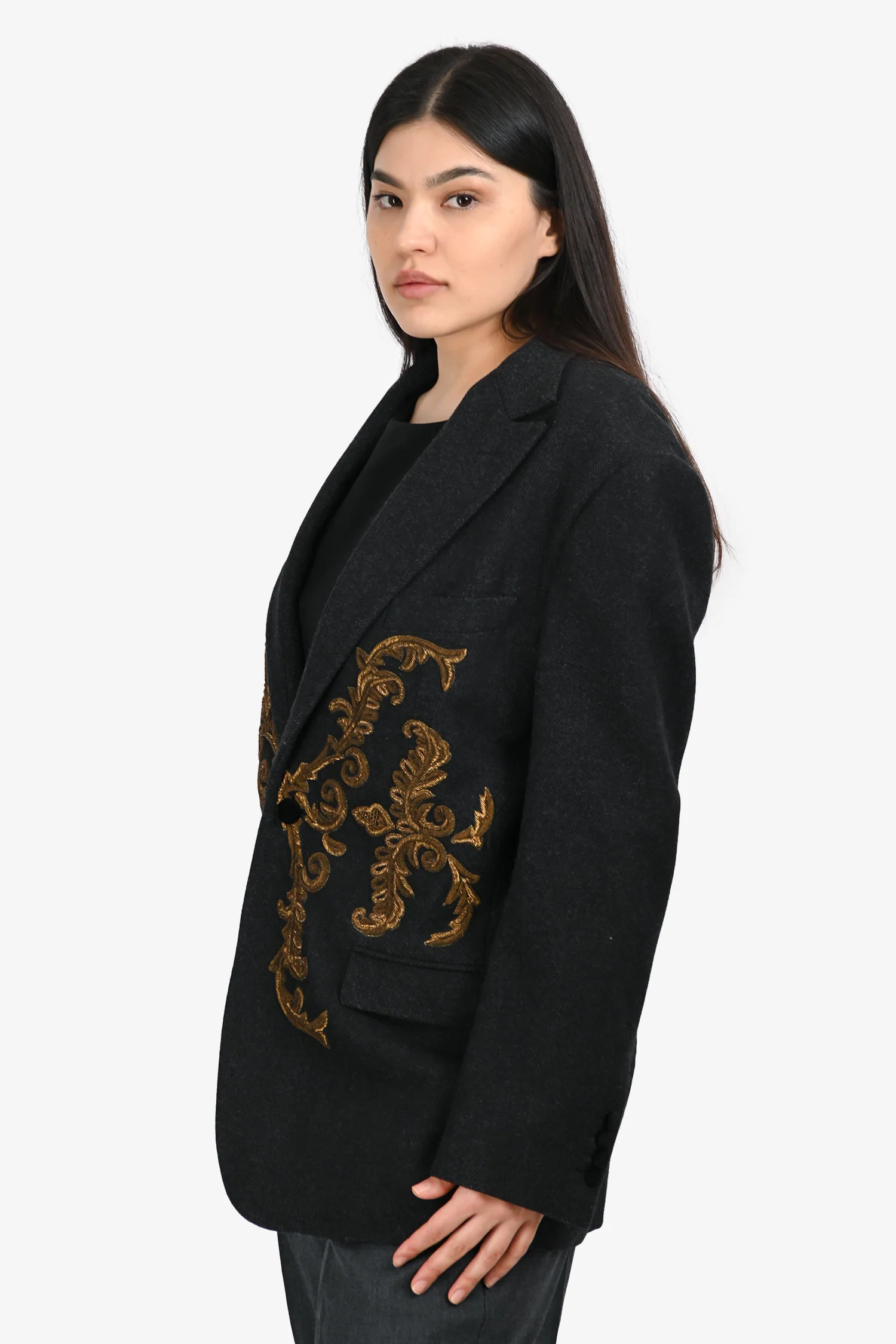 Dolce & Gabbana Grey Wool Gold Embellished Single Breasted Blazer Size 50