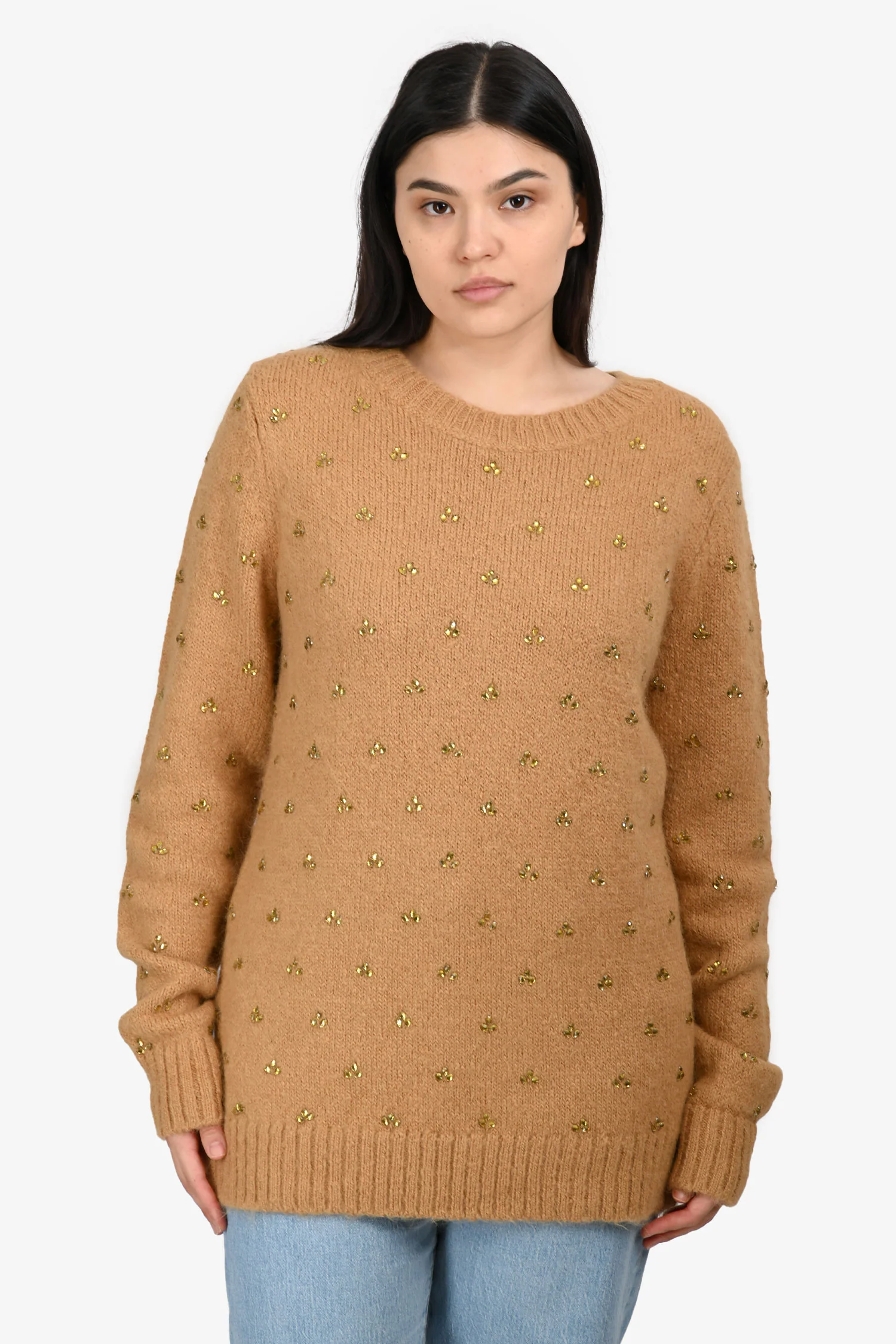 Dries Van Noten Brown Alpaca/Merino Wool Crystal Detail Sweater Size L