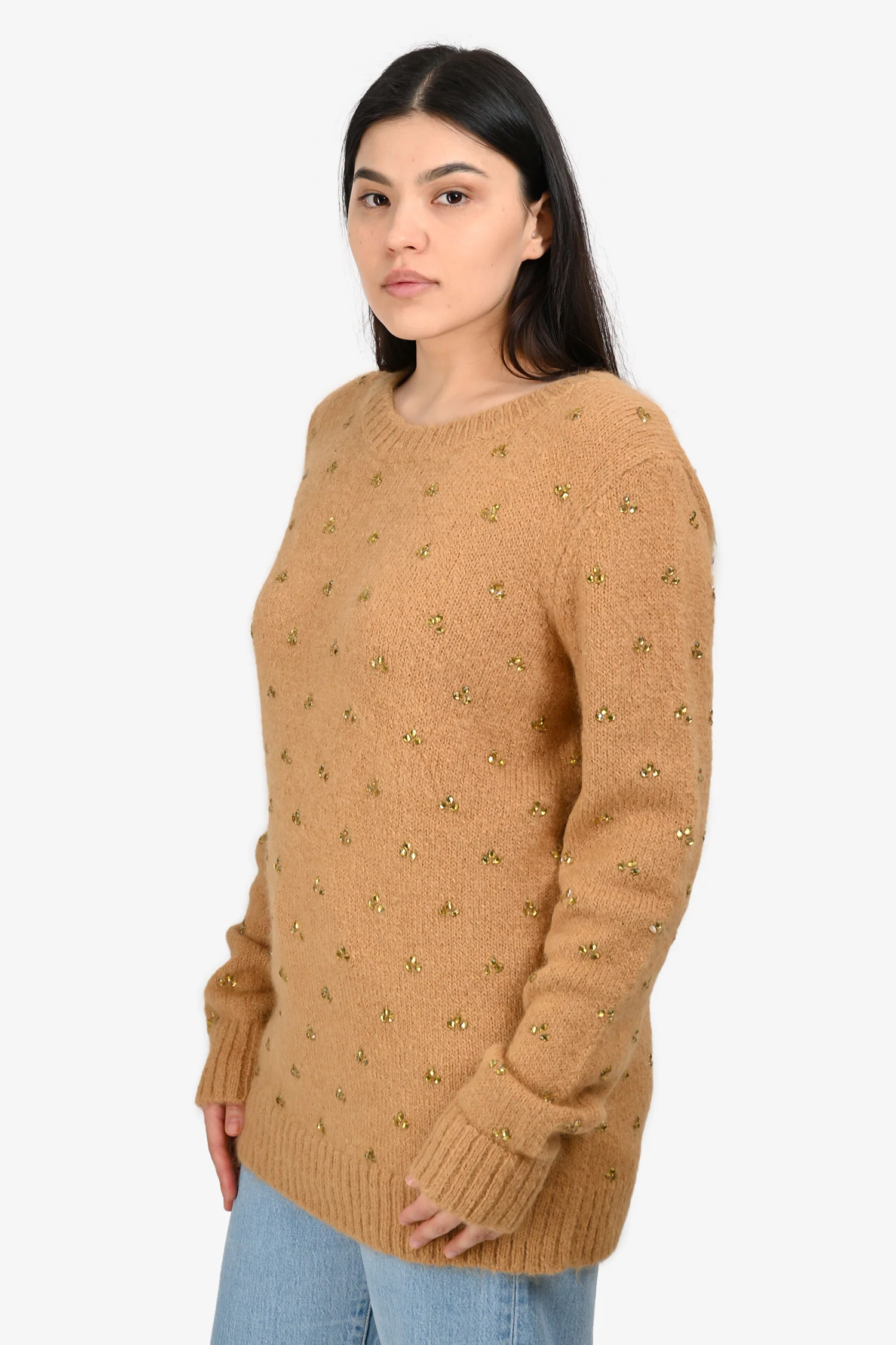 Dries Van Noten Brown Alpaca/Merino Wool Crystal Detail Sweater Size L