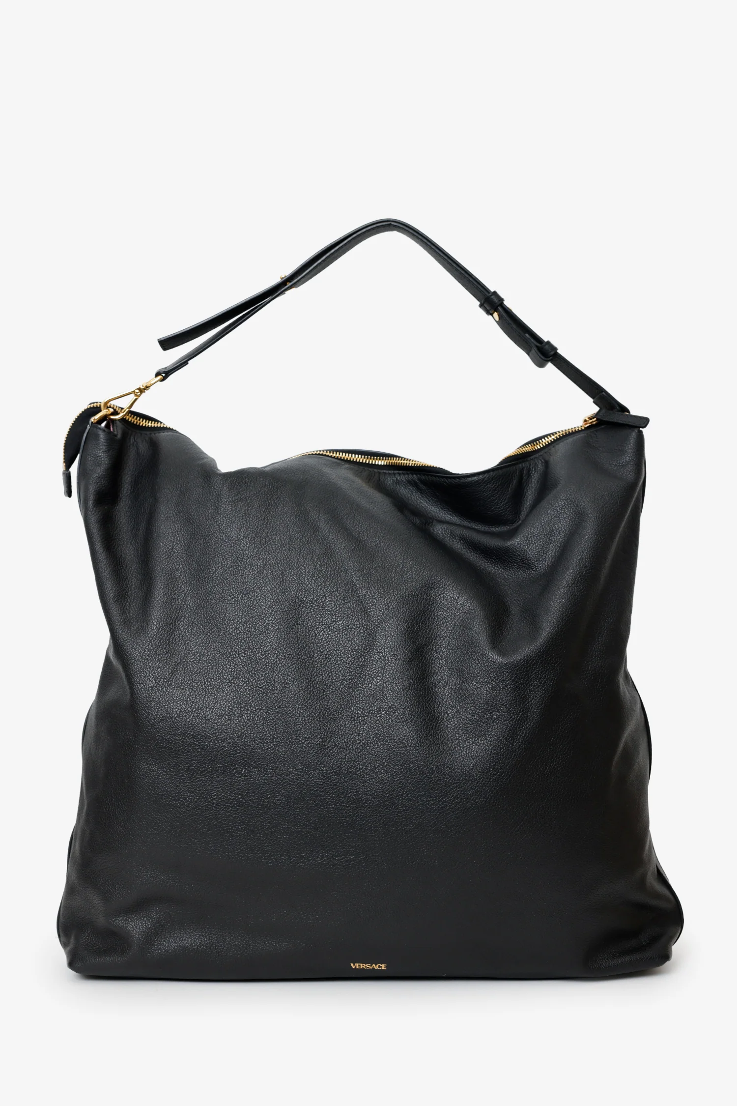 Versace Black Leather Pebbled Leather Medusa Large Hobo Shoulder Bag