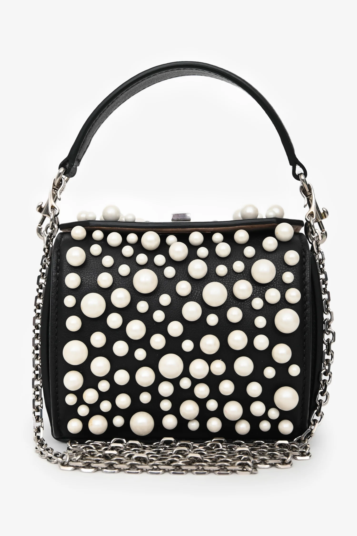 Alexander McQueen Black Leather Faux Pearl Embellished Box Crossbody
