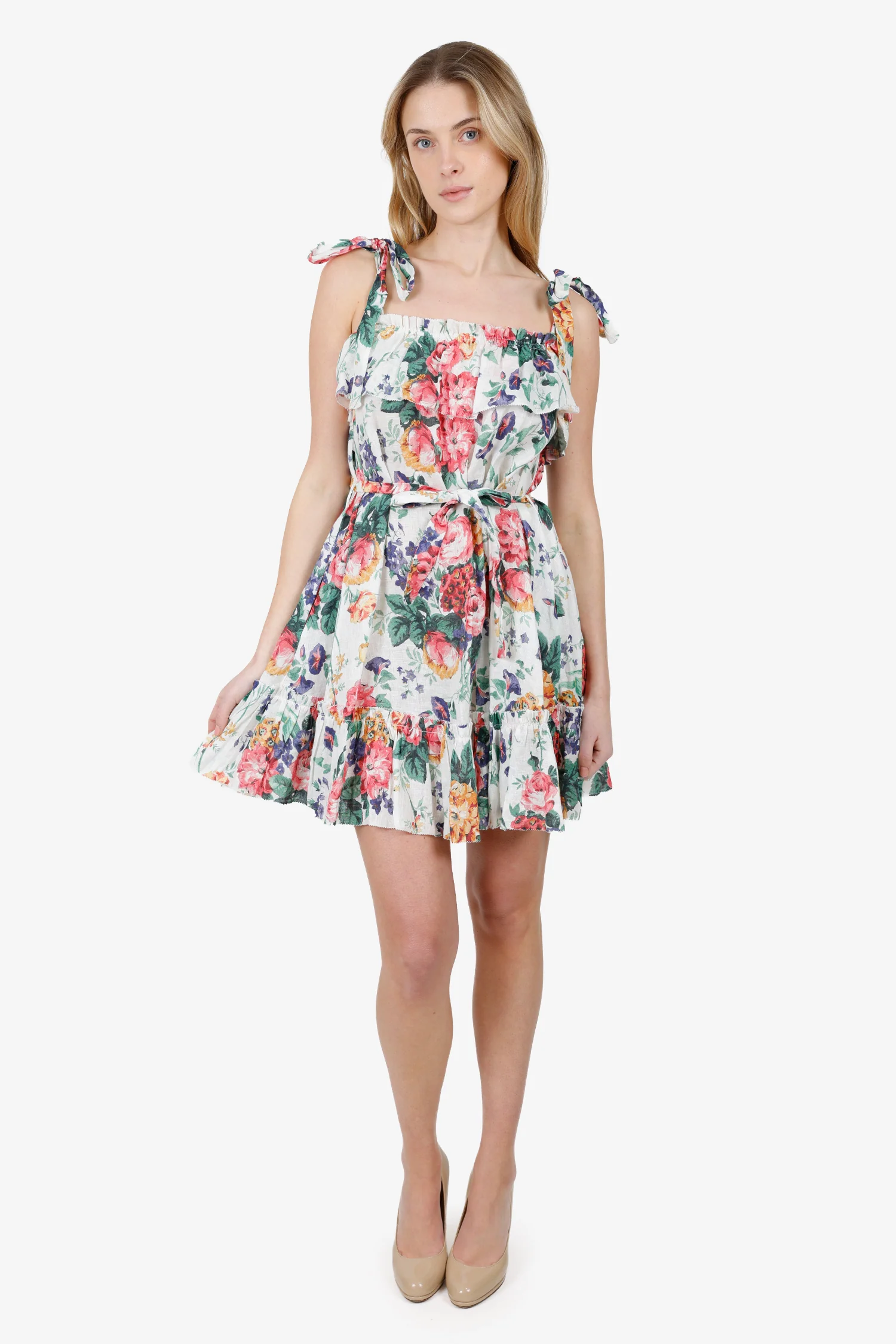 Zimmermann White/Multicolour Floral Linen Ruffle Belted Mini Dress Size 0