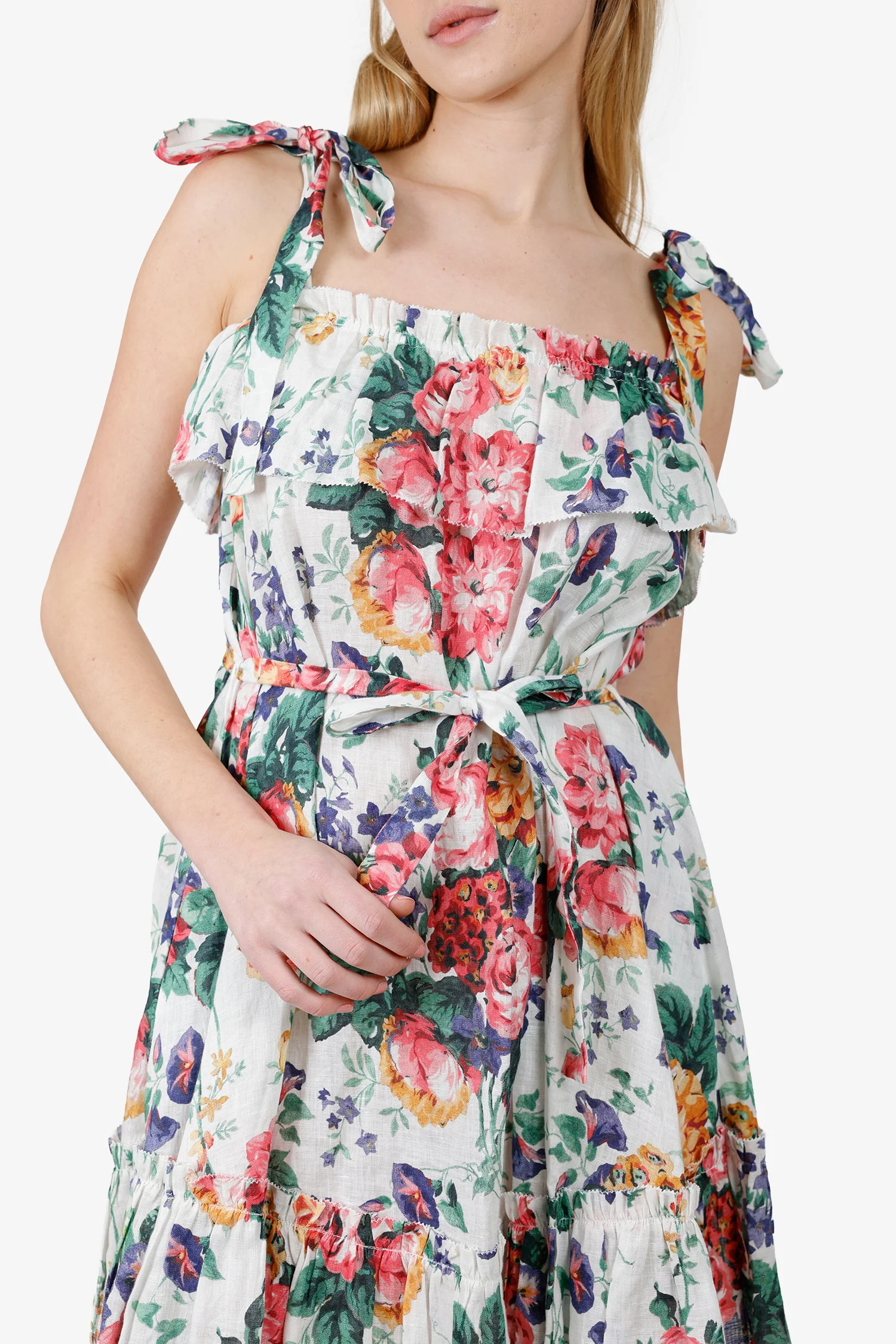 Zimmermann White/Multicolour Floral Linen Ruffle Belted Mini Dress Size 0