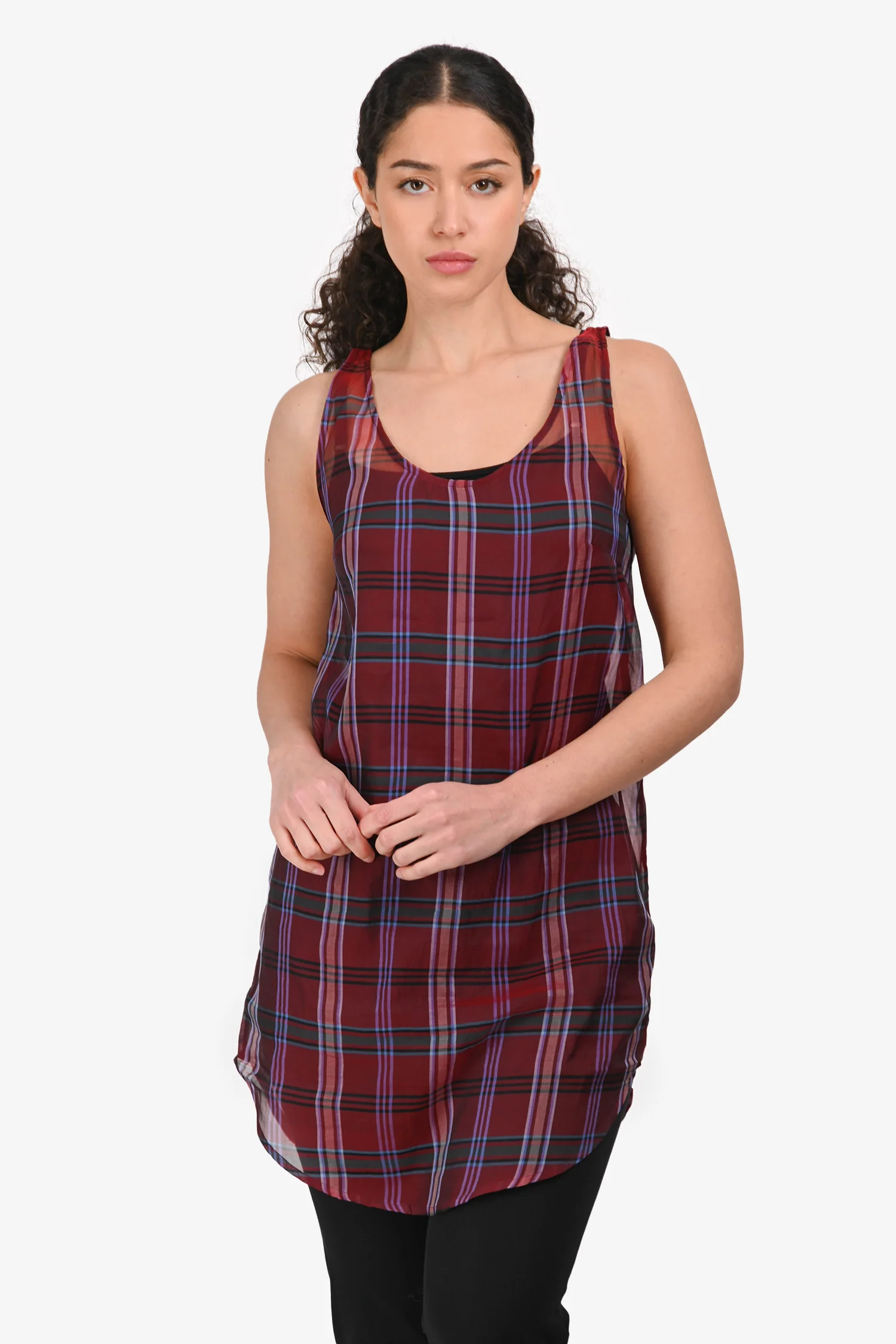 Dries Van Noten Silk Red Plaid Sheer Scoop Neck Tank Top Size S/M