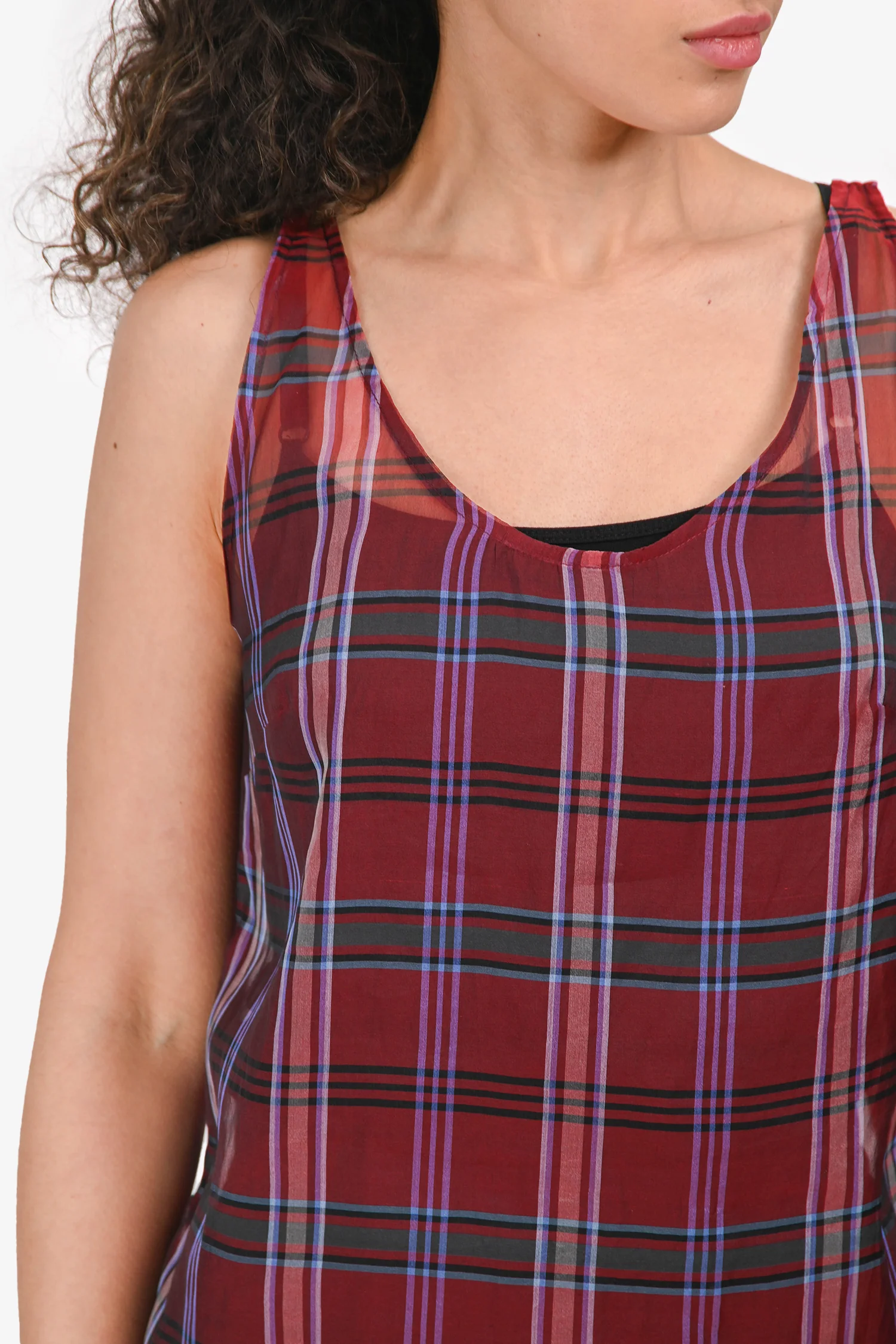Dries Van Noten Silk Red Plaid Sheer Scoop Neck Tank Top Size S/M