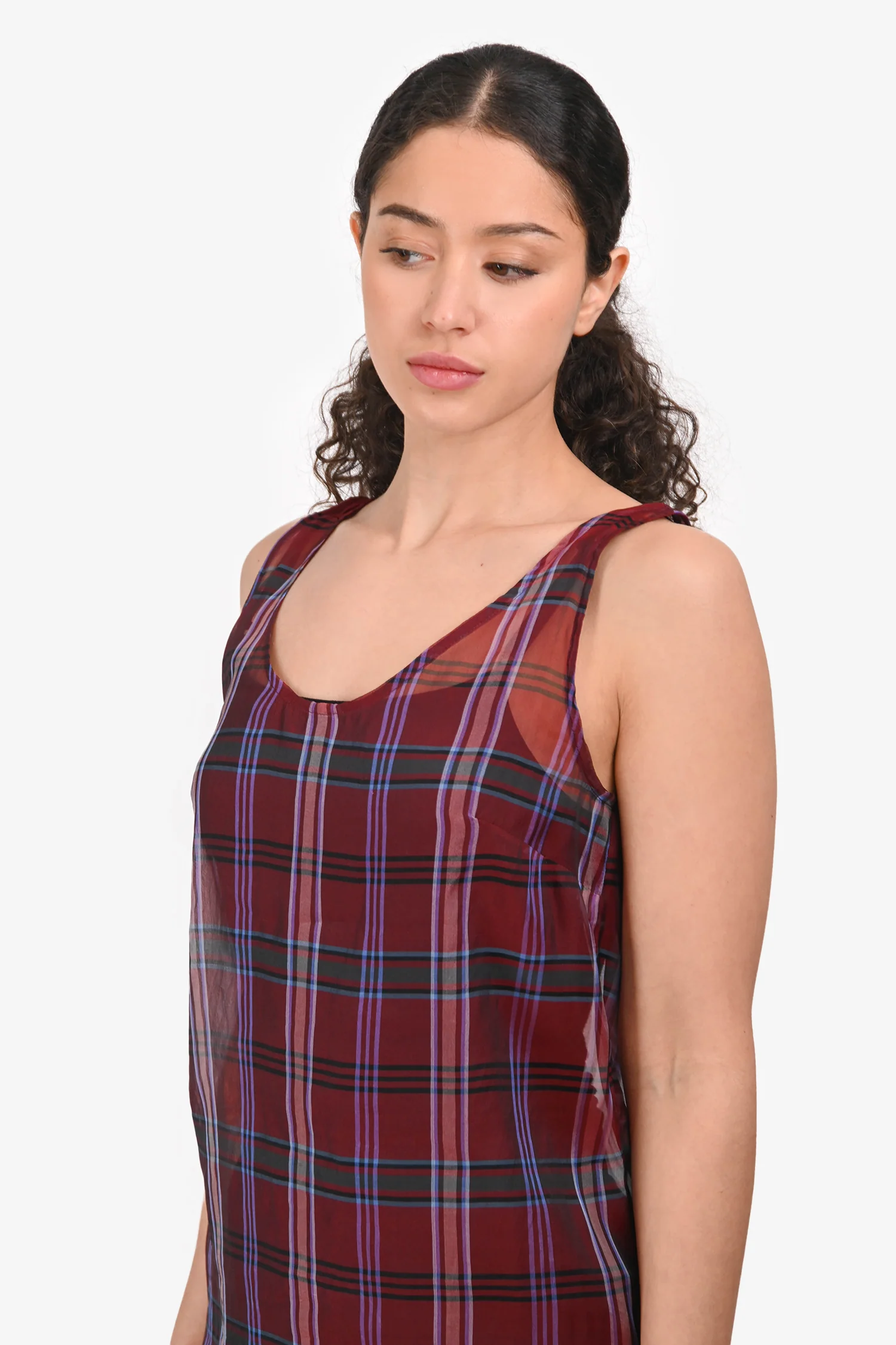 Dries Van Noten Silk Red Plaid Sheer Scoop Neck Tank Top Size S/M