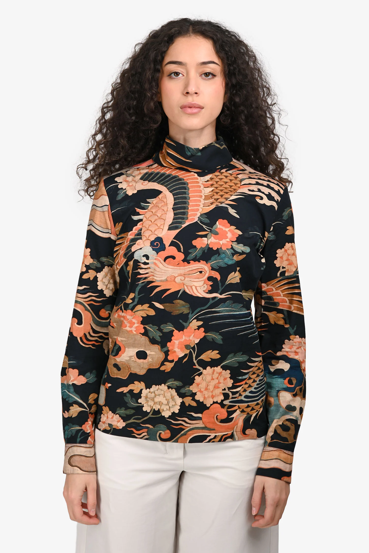 Dries Van Noten Navy/Coral Dragon Printed Long Sleeve Top Size 38