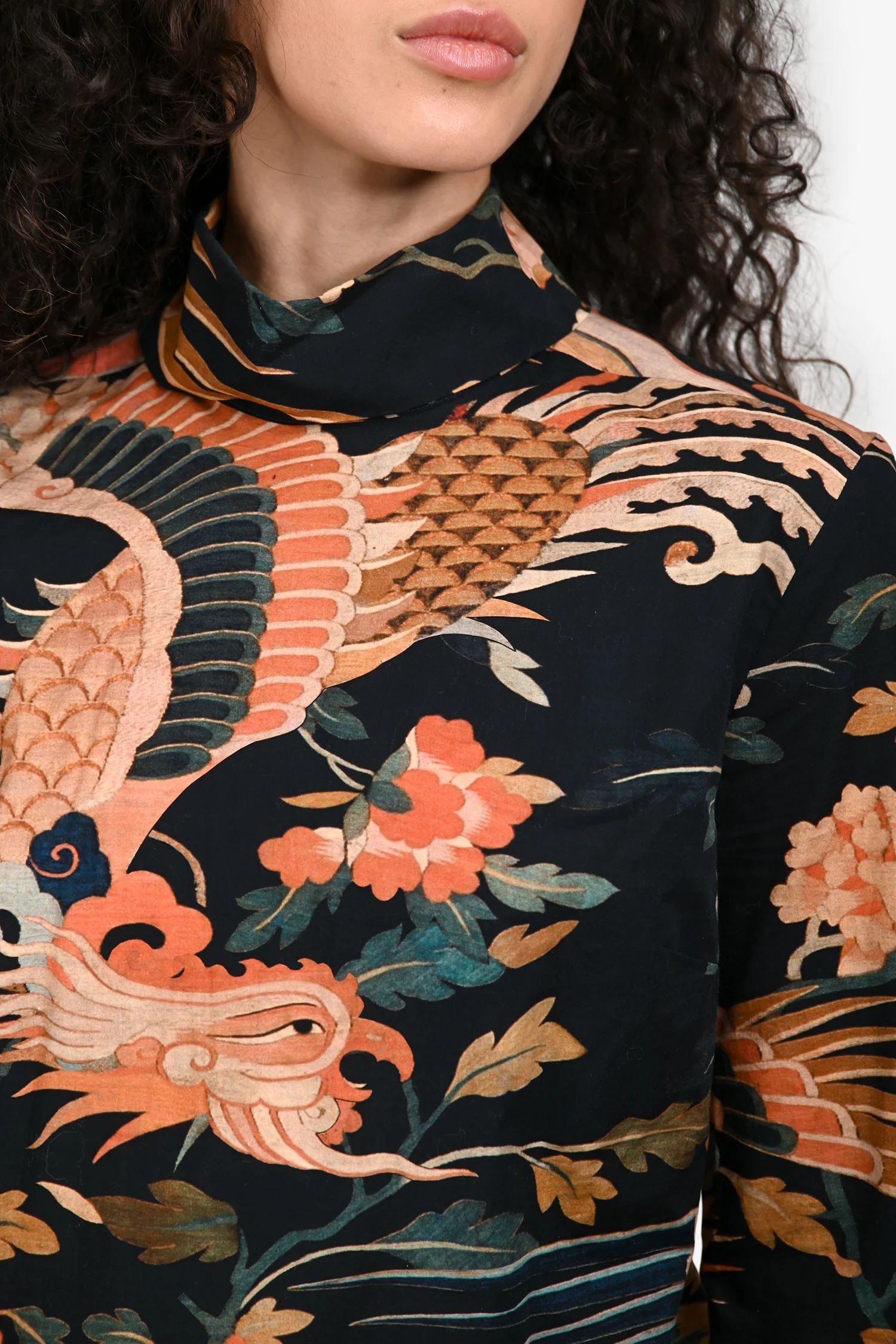 Dries Van Noten Navy/Coral Dragon Printed Long Sleeve Top Size 38