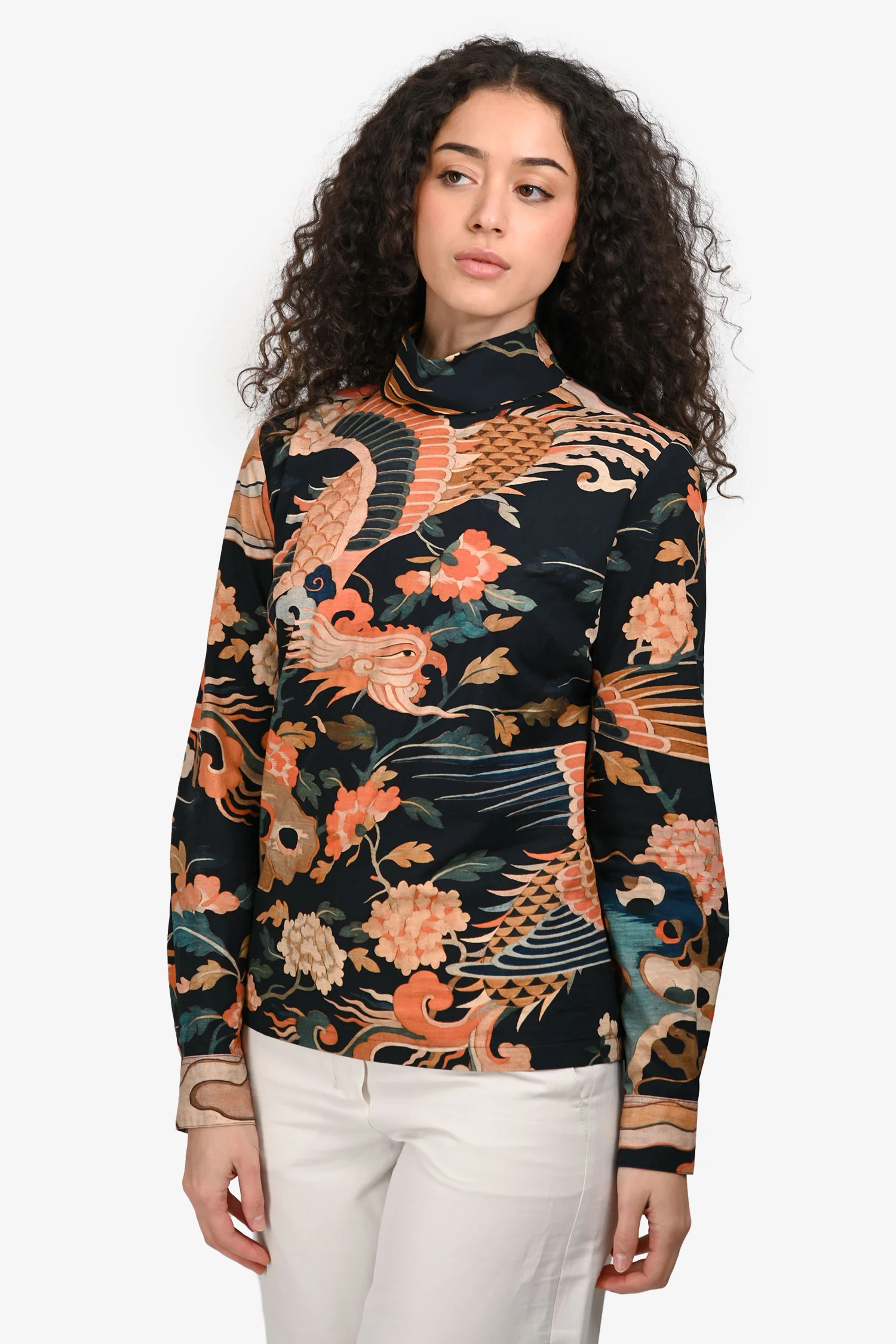 Dries Van Noten Navy/Coral Dragon Printed Long Sleeve Top Size 38