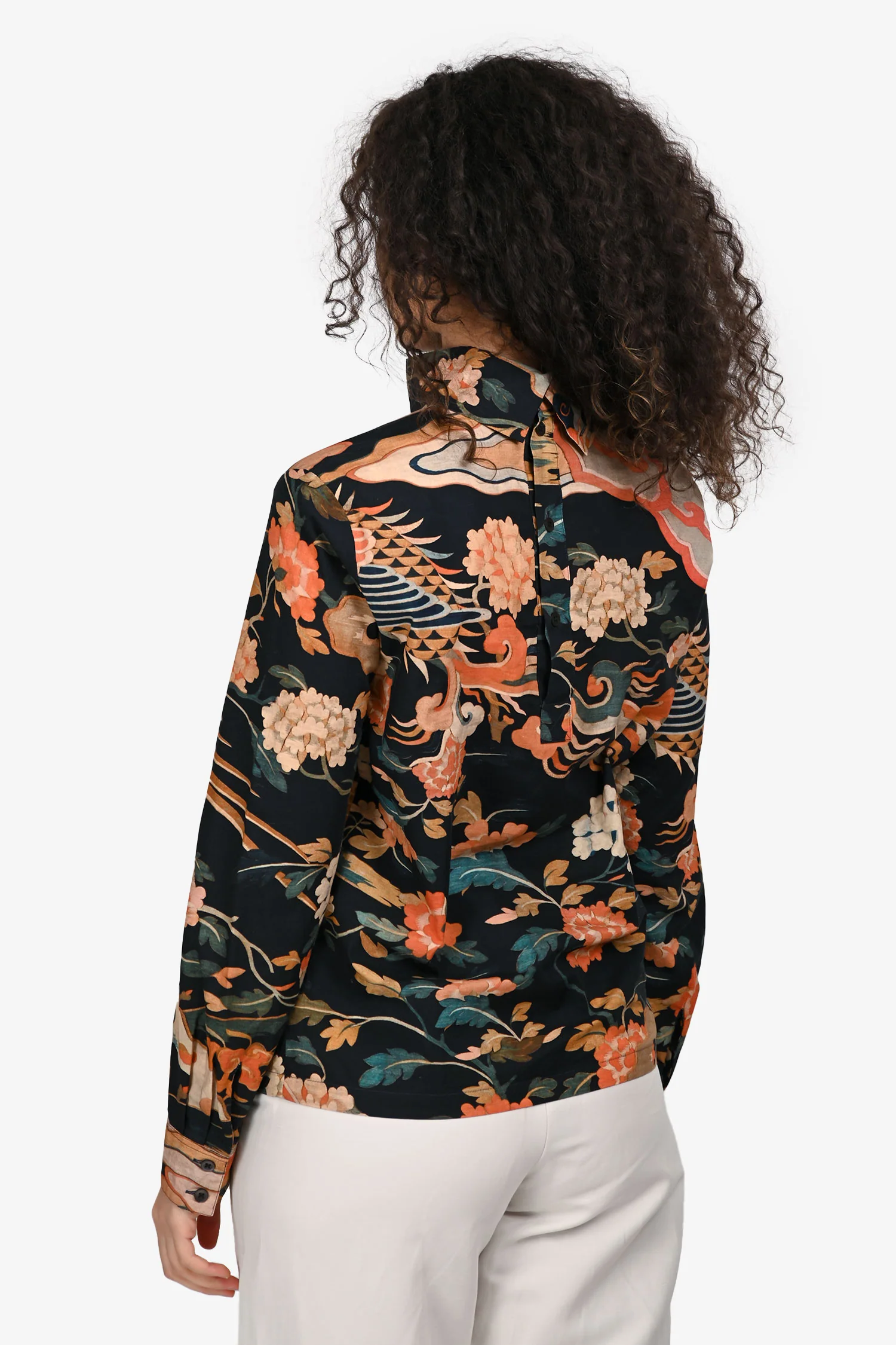 Dries Van Noten Navy/Coral Dragon Printed Long Sleeve Top Size 38
