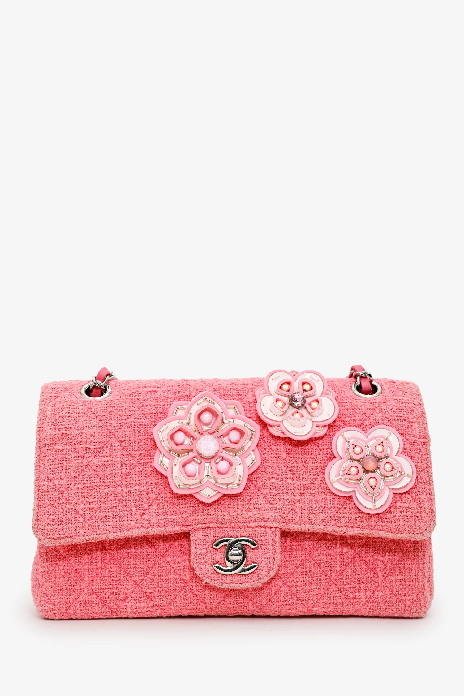 Pre-Loved Chanel™ 2016 Pink Tweed Flower Classic Double Medium Flap Bag