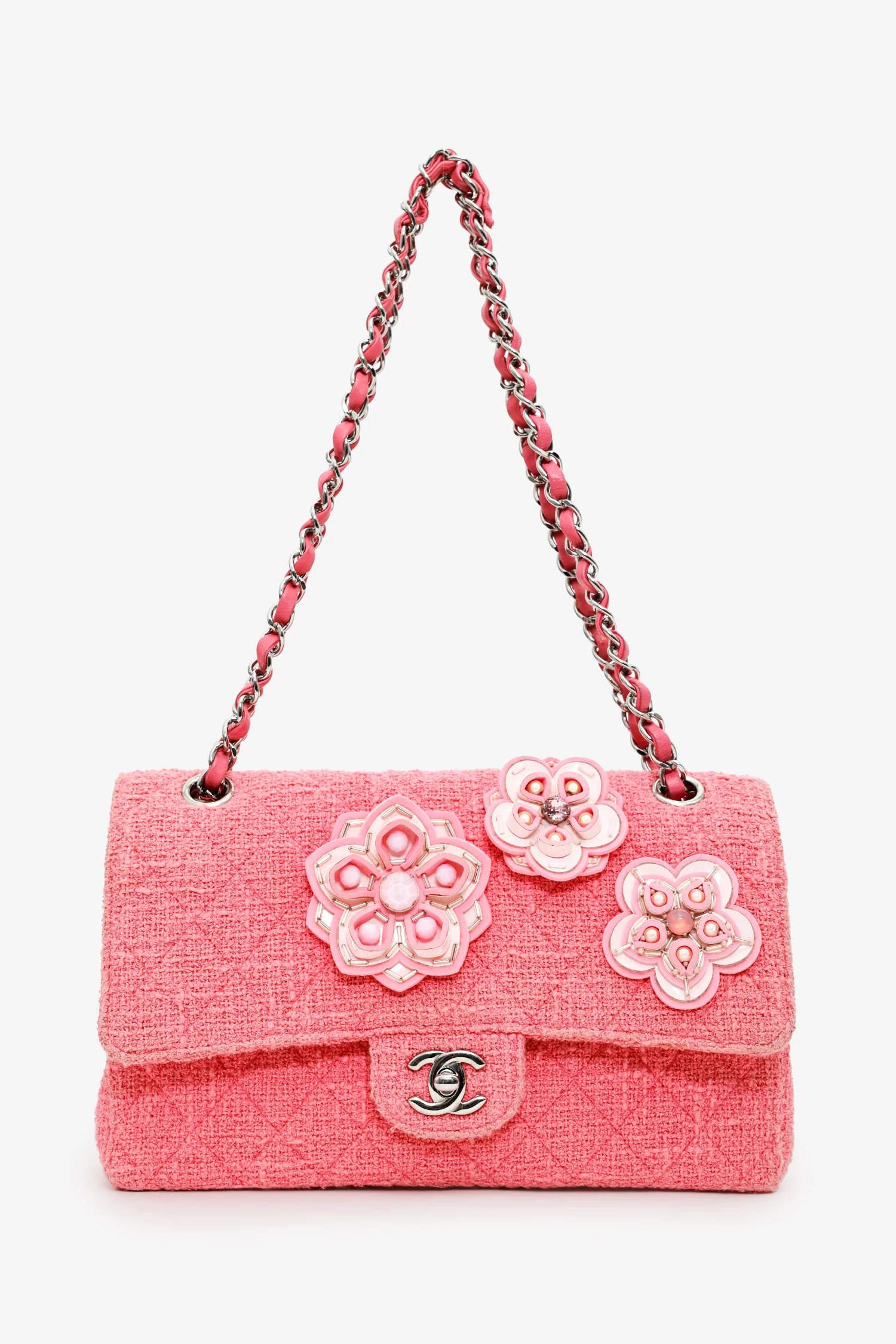 Pre-Loved Chanel™ 2016 Pink Tweed Flower Classic Double Medium Flap Bag