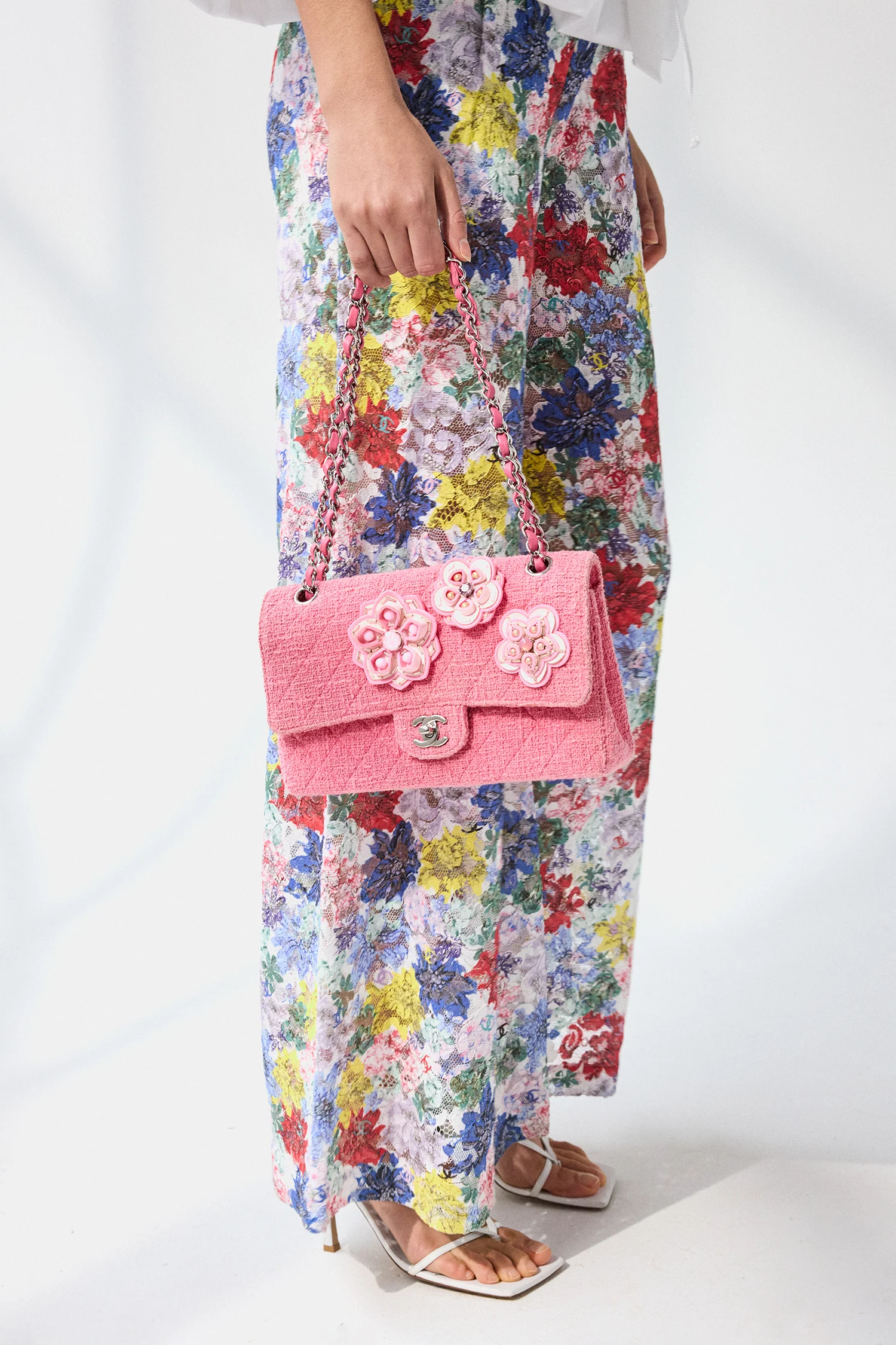 Pre-Loved Chanel™ 2016 Pink Tweed Flower Classic Double Medium Flap Bag