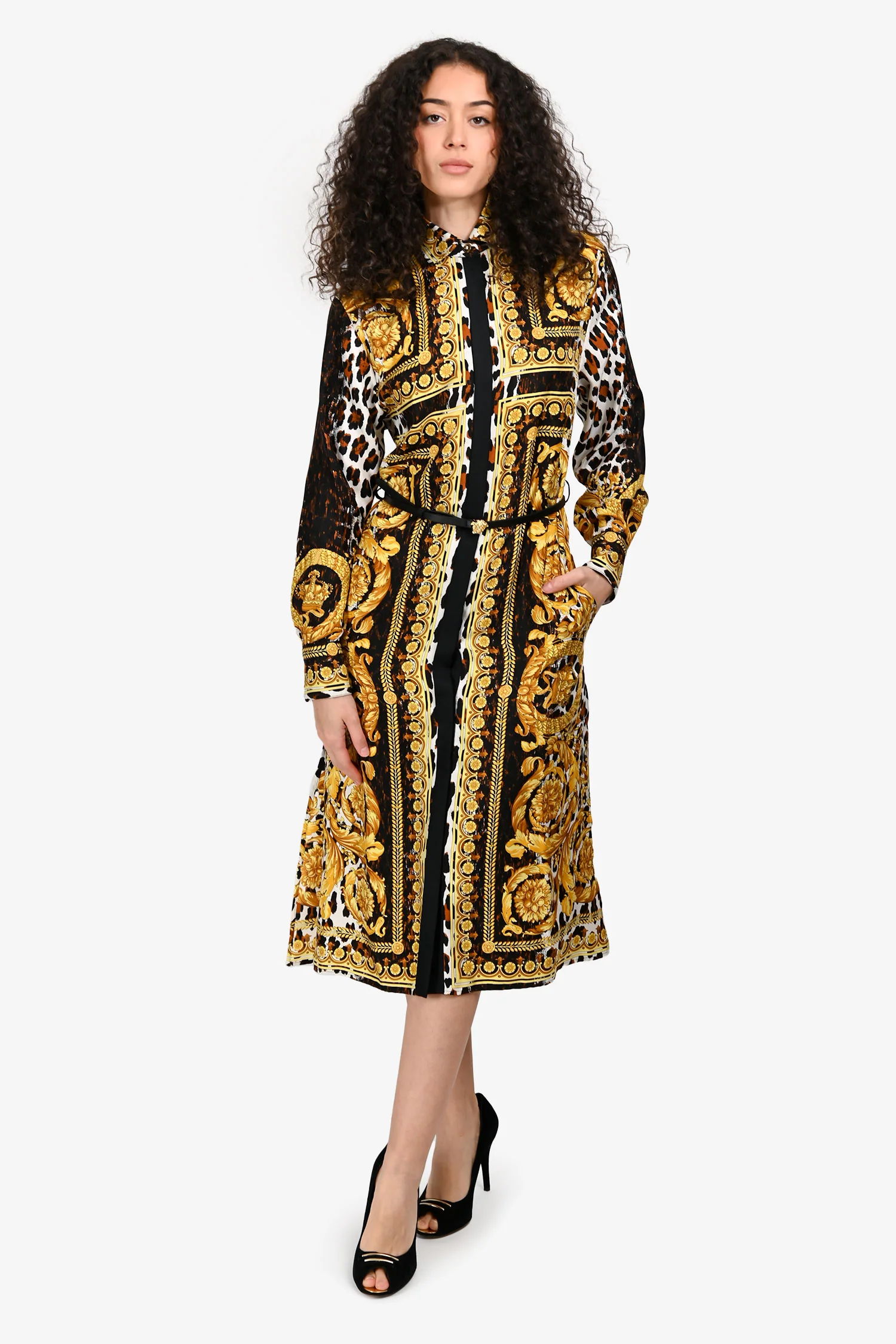 Versace Brown/Yellow/White Silk Baroque Printed Shirt Dress Size 38 With Belt