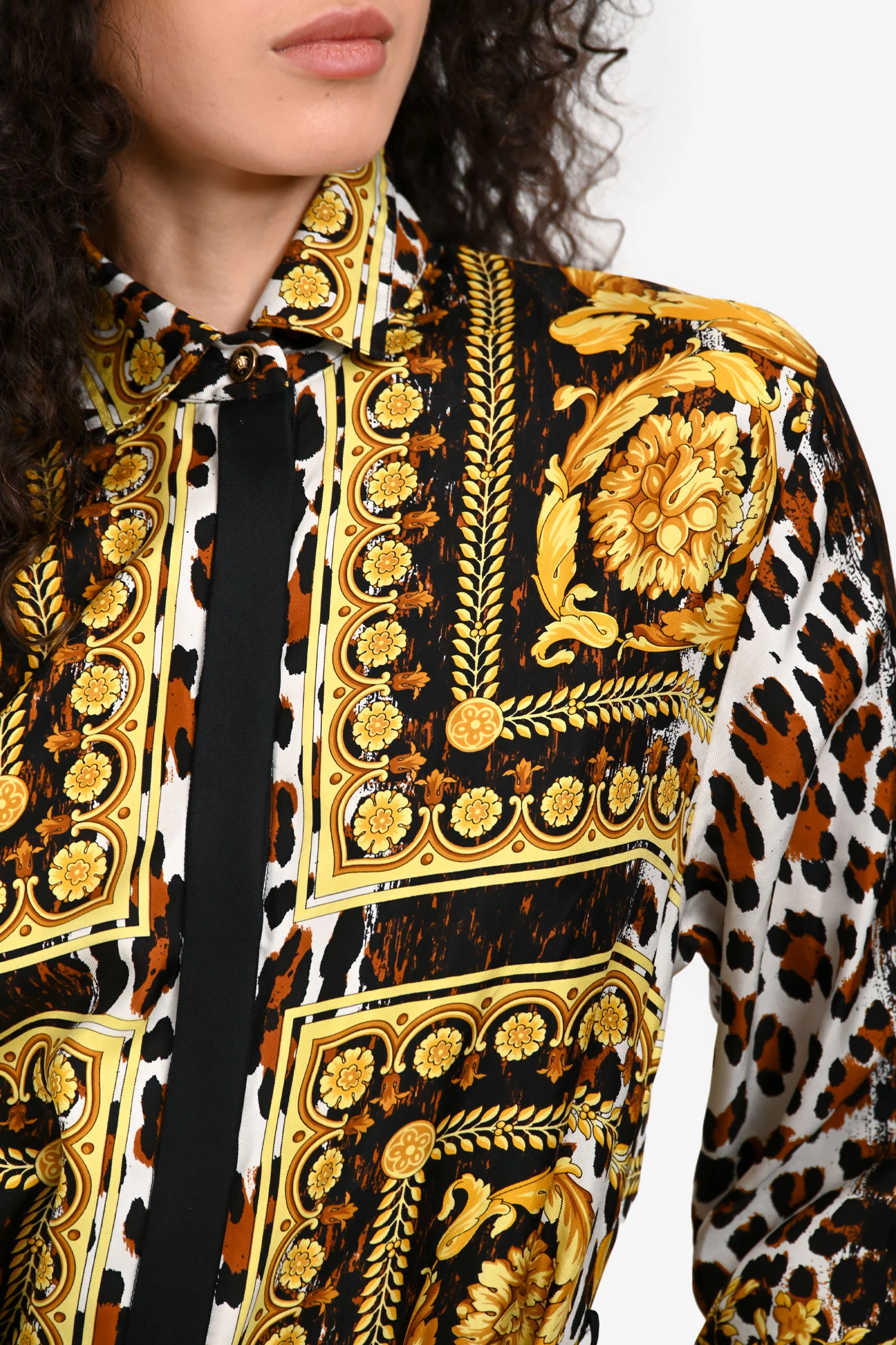 Versace Brown/Yellow/White Silk Baroque Printed Shirt Dress Size 38 With Belt