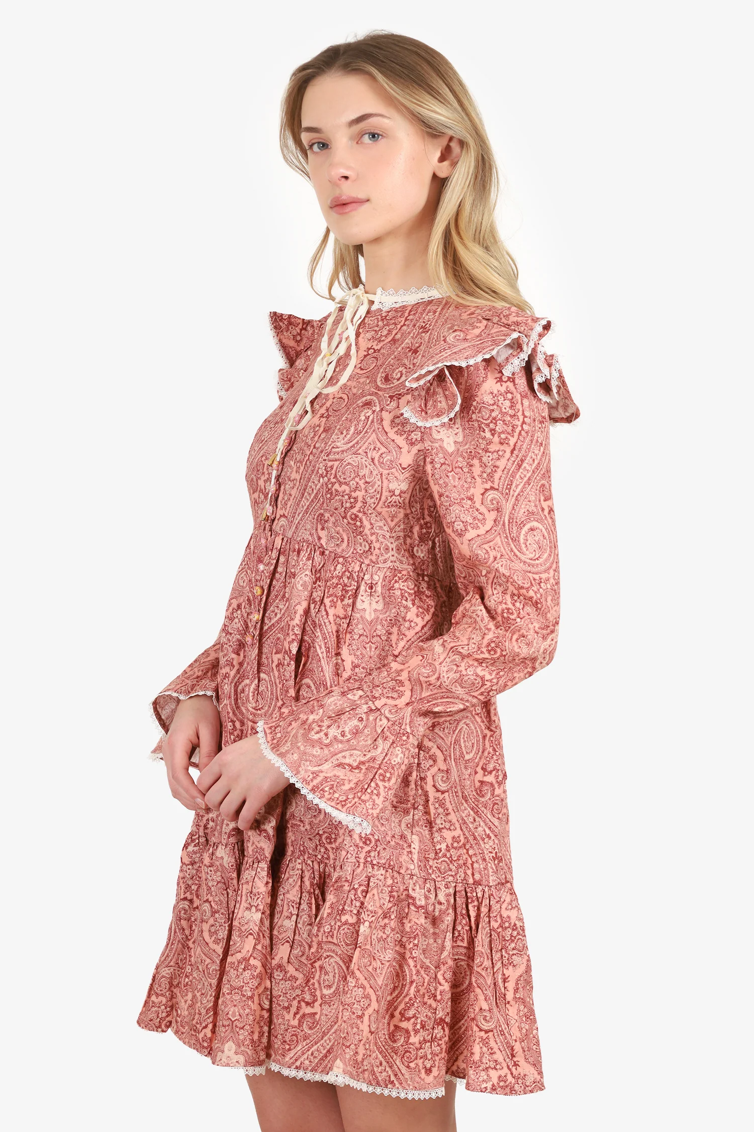 Zimmermann Pink Linen Paisley Print Lace-trimmed Mini Dress Size 2