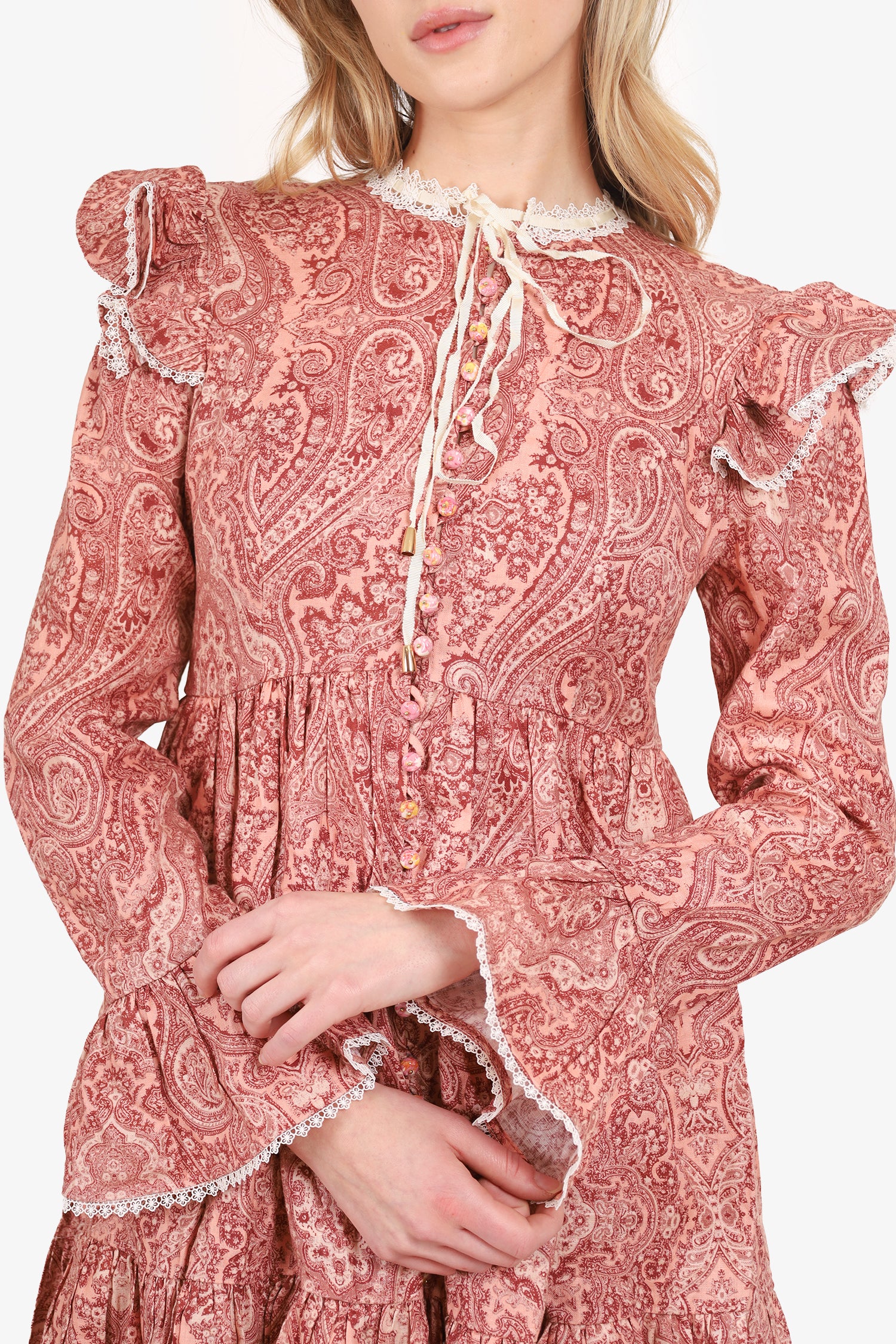 Zimmermann Pink Linen Paisley Print Lace-trimmed Mini Dress Size 2