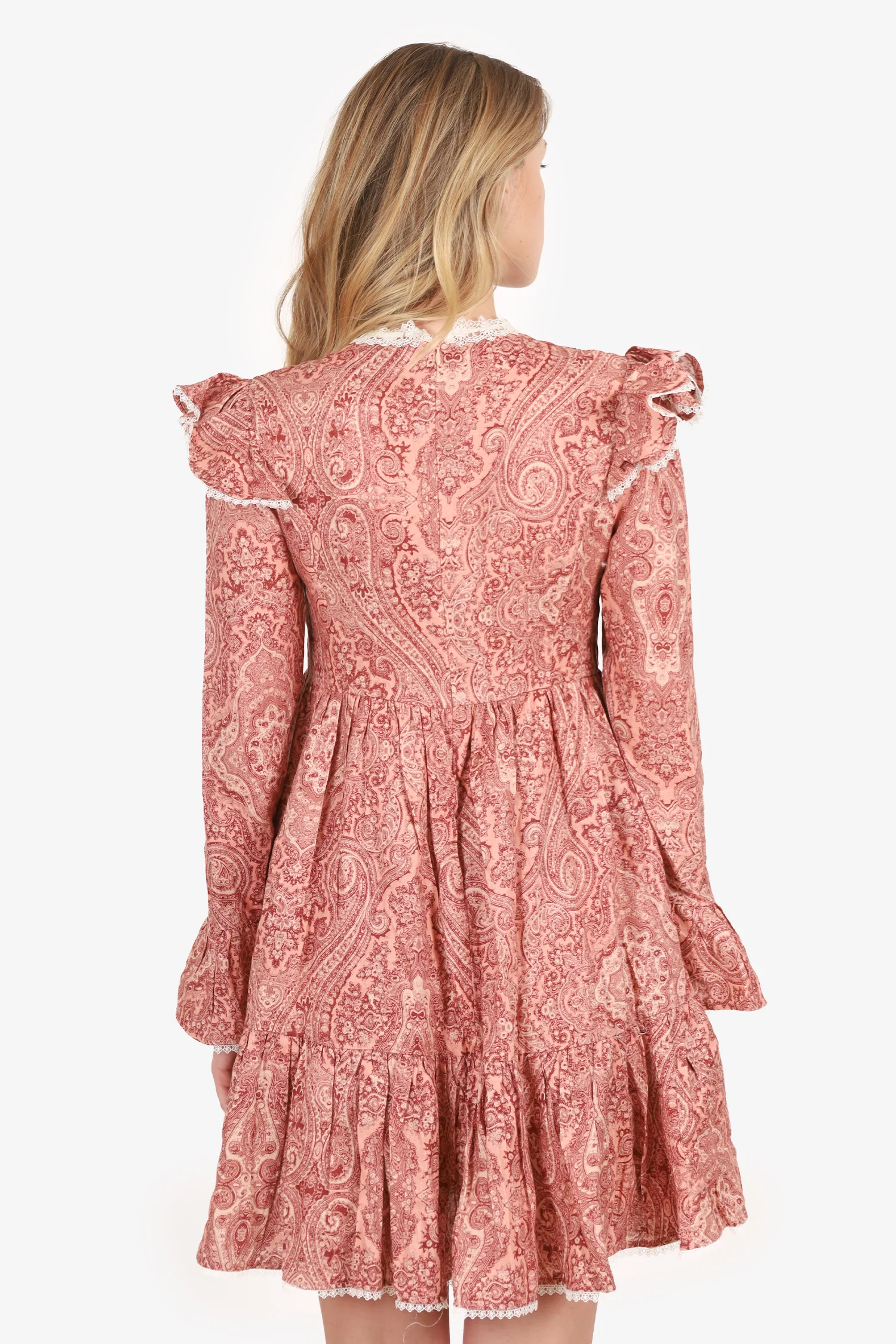Zimmermann Pink Linen Paisley Print Lace-trimmed Mini Dress Size 2