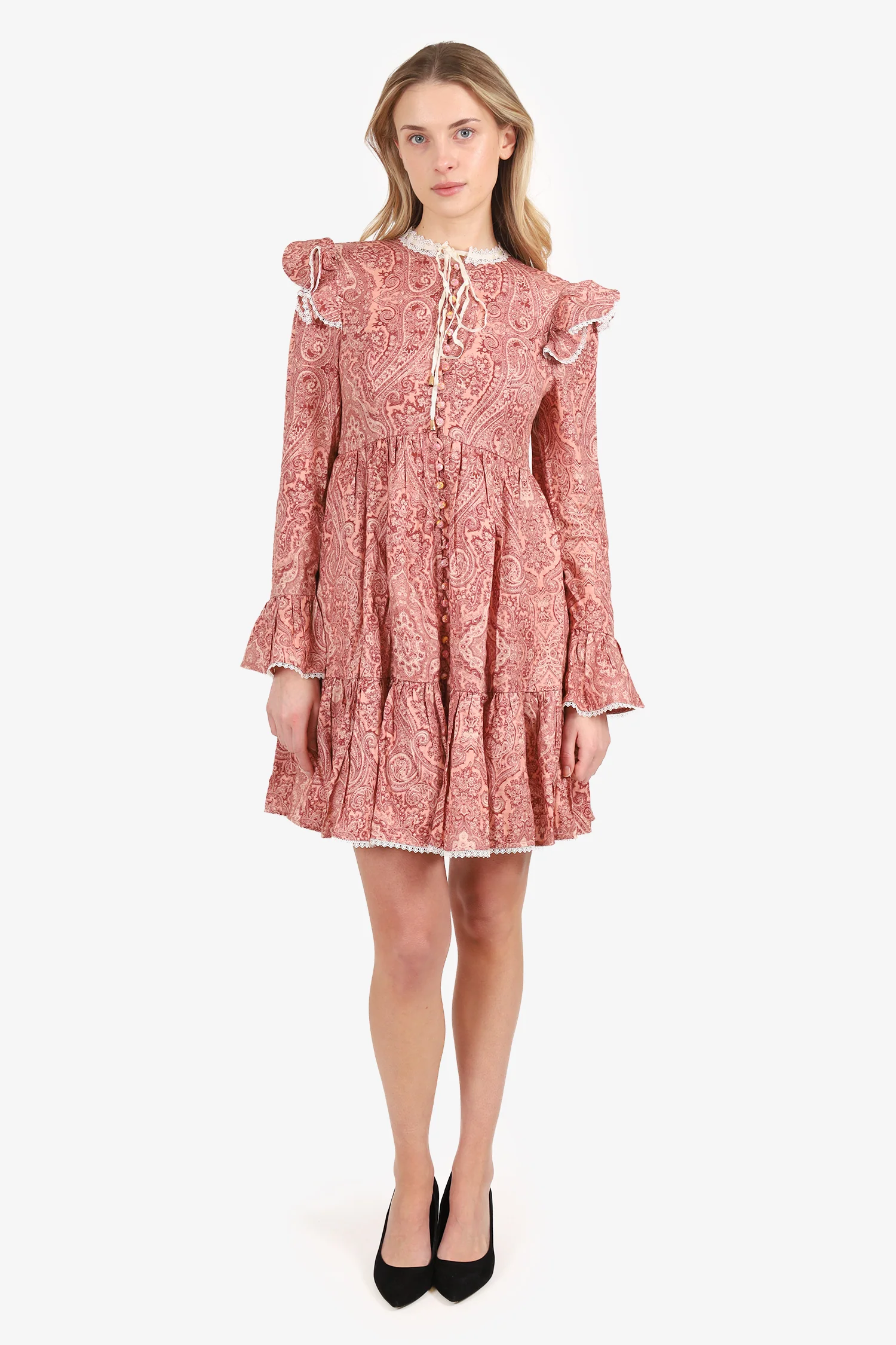 Zimmermann Pink Linen Paisley Print Lace-trimmed Mini Dress Size 2