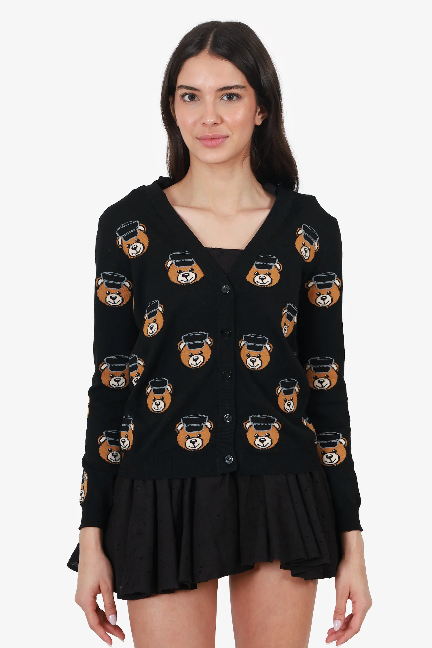 Moschino Black Knit Teddy Bear Jacquard Cardigan Size S