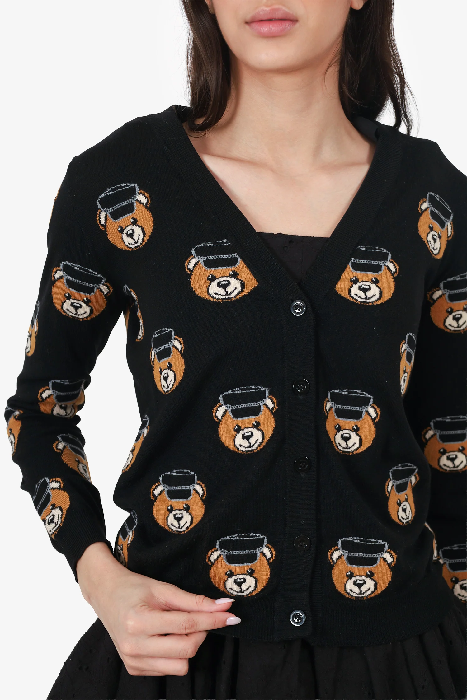 Moschino Black Knit Teddy Bear Jacquard Cardigan Size S