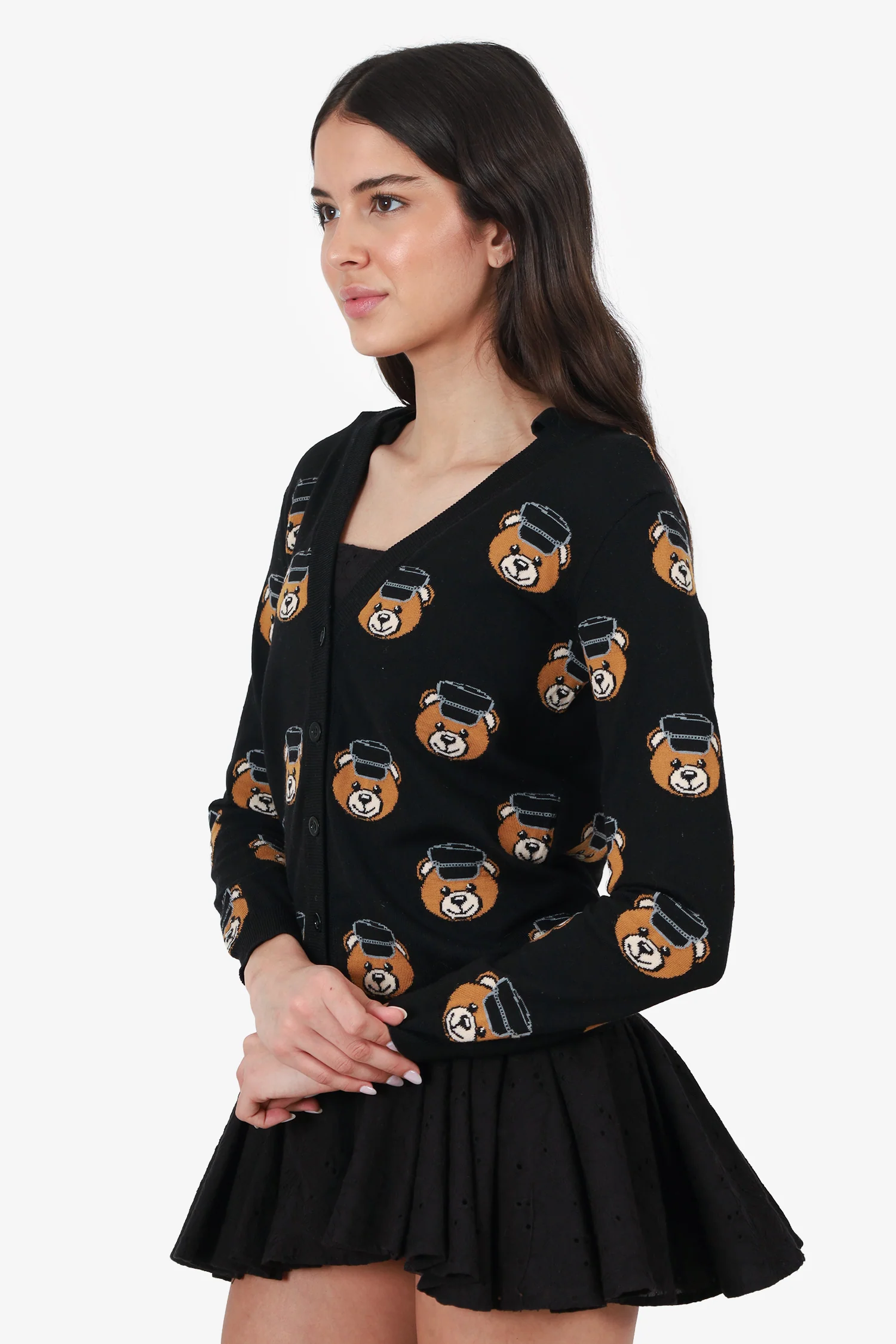 Moschino Black Knit Teddy Bear Jacquard Cardigan Size S