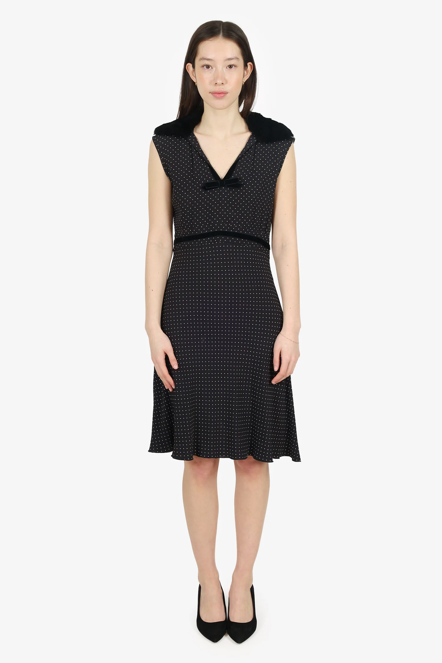 Moschino Cheap and Chic Black Polka Dot Midi Dress With Fur Collar Size 10