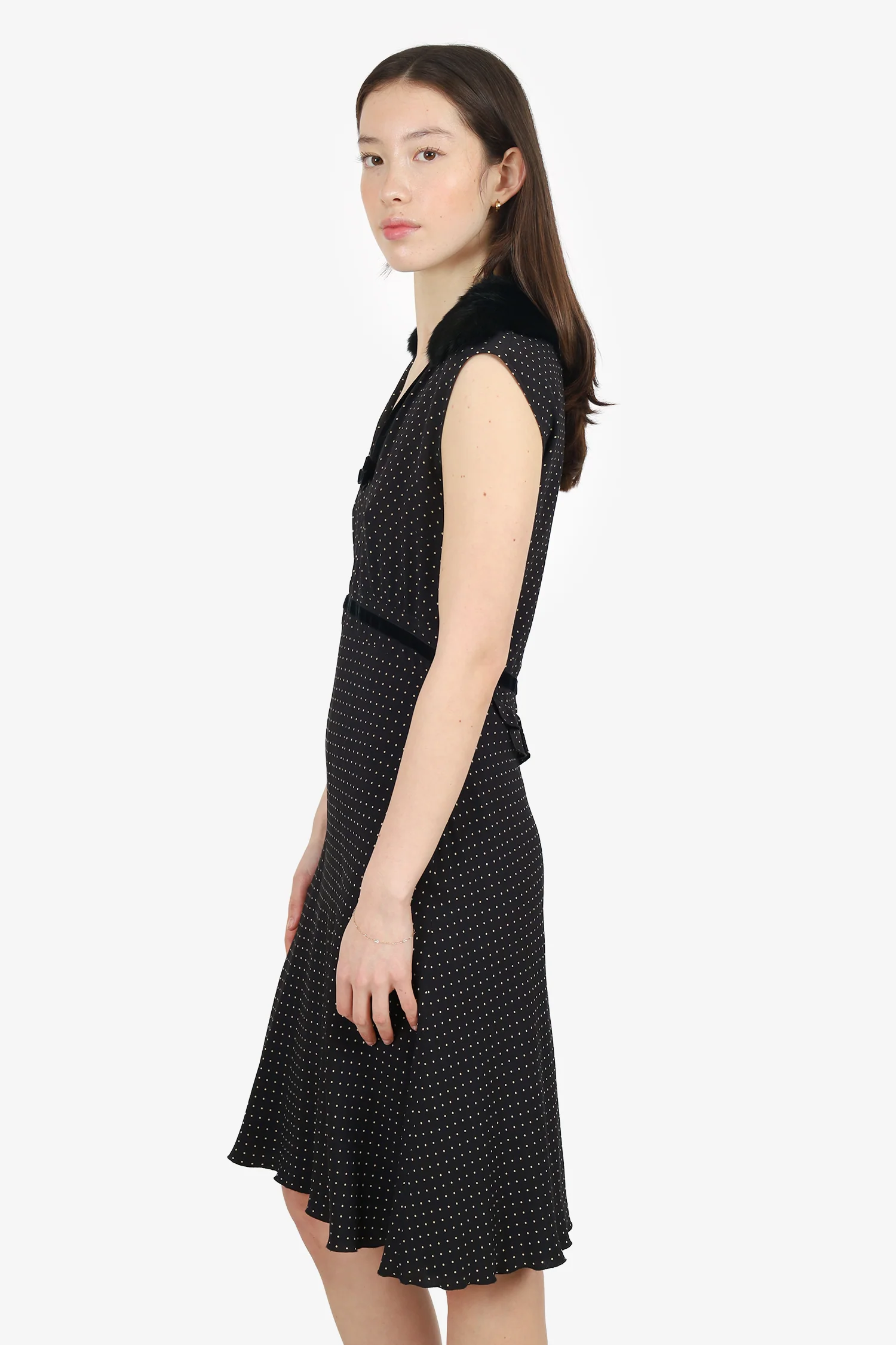 Moschino Cheap and Chic Black Polka Dot Midi Dress With Fur Collar Size 10