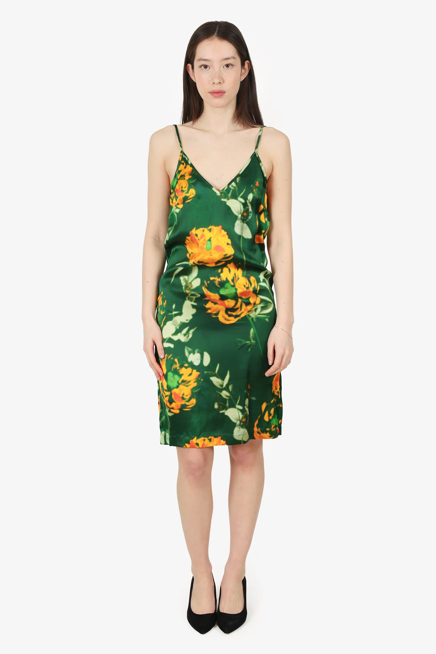 Dries Van Noten Green/Orange Satin Slip Dress Size 34